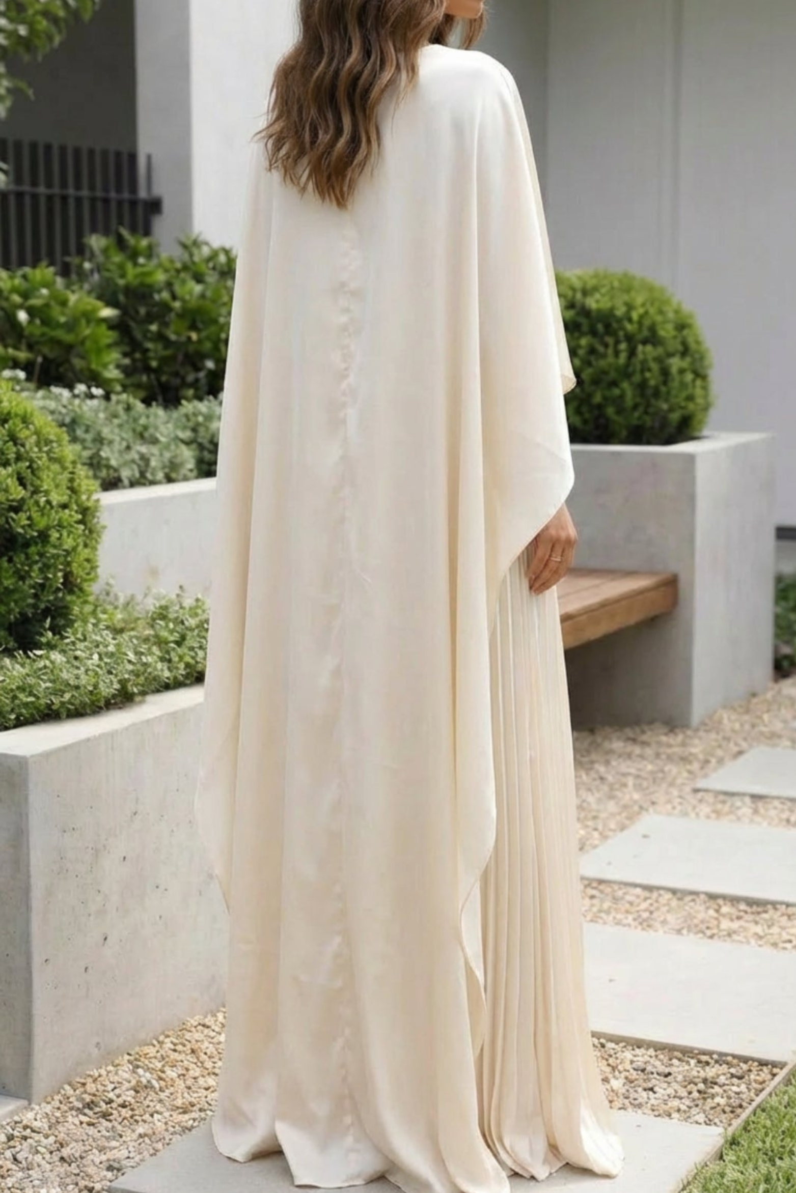 Cape Style Pleated Maxi Wedding Guest Dress