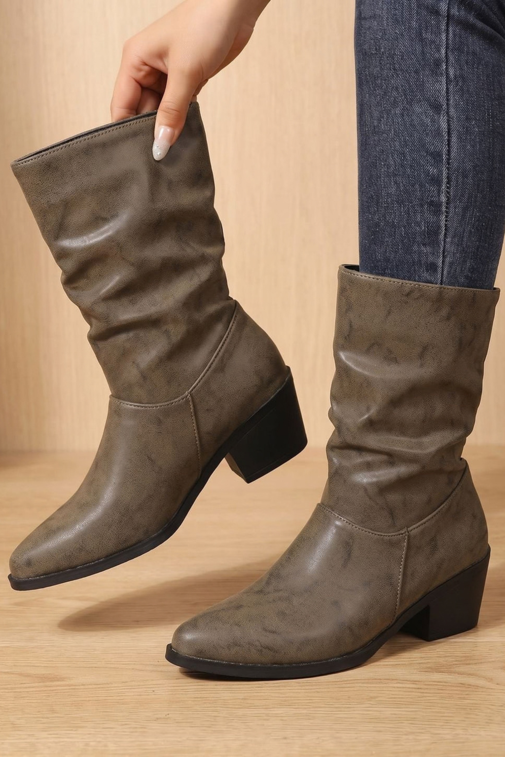 Slouch Mid Calf Block Heel Boots