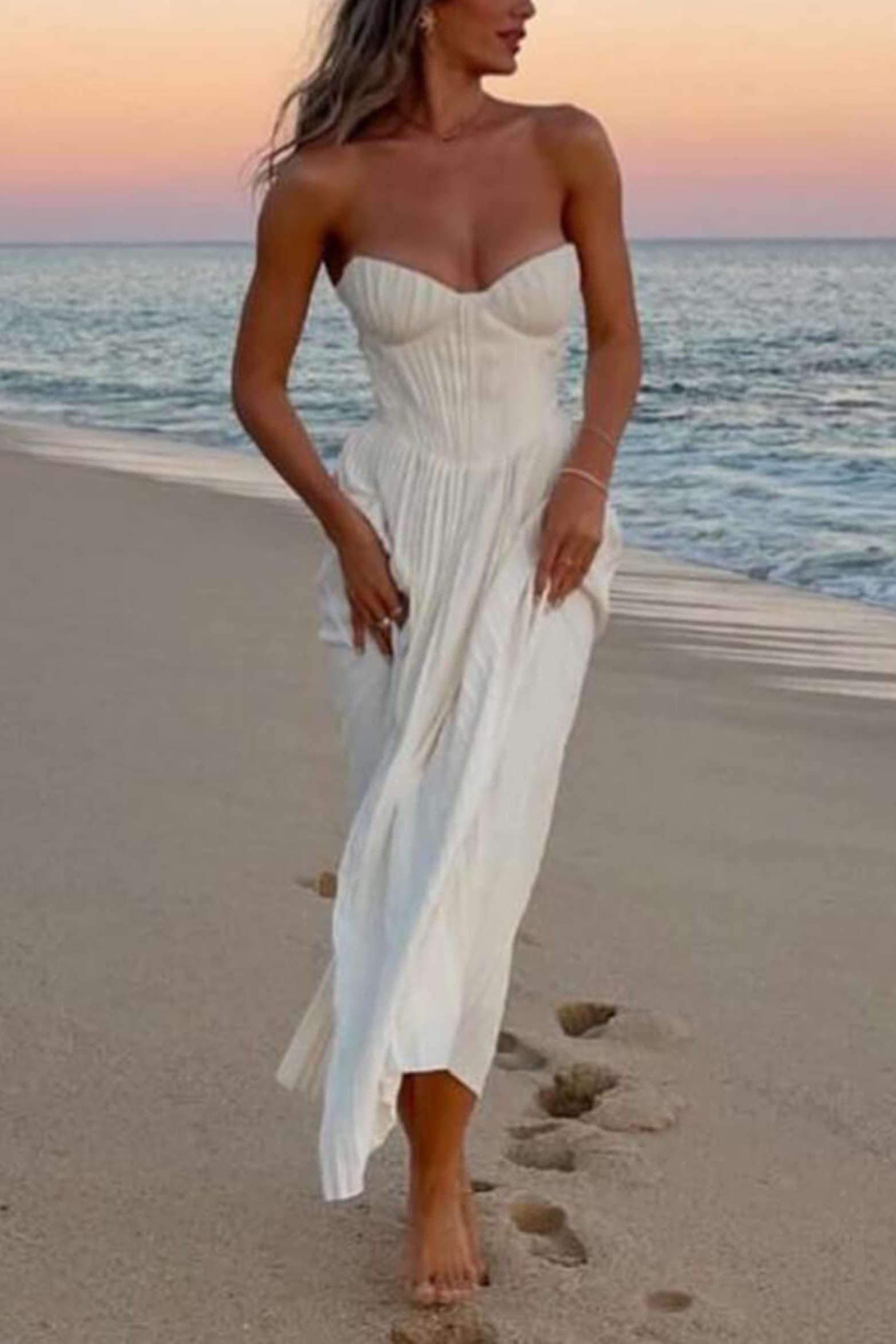 Pleated Strapless Maxi Dress with Flowing A-Line Silhouette