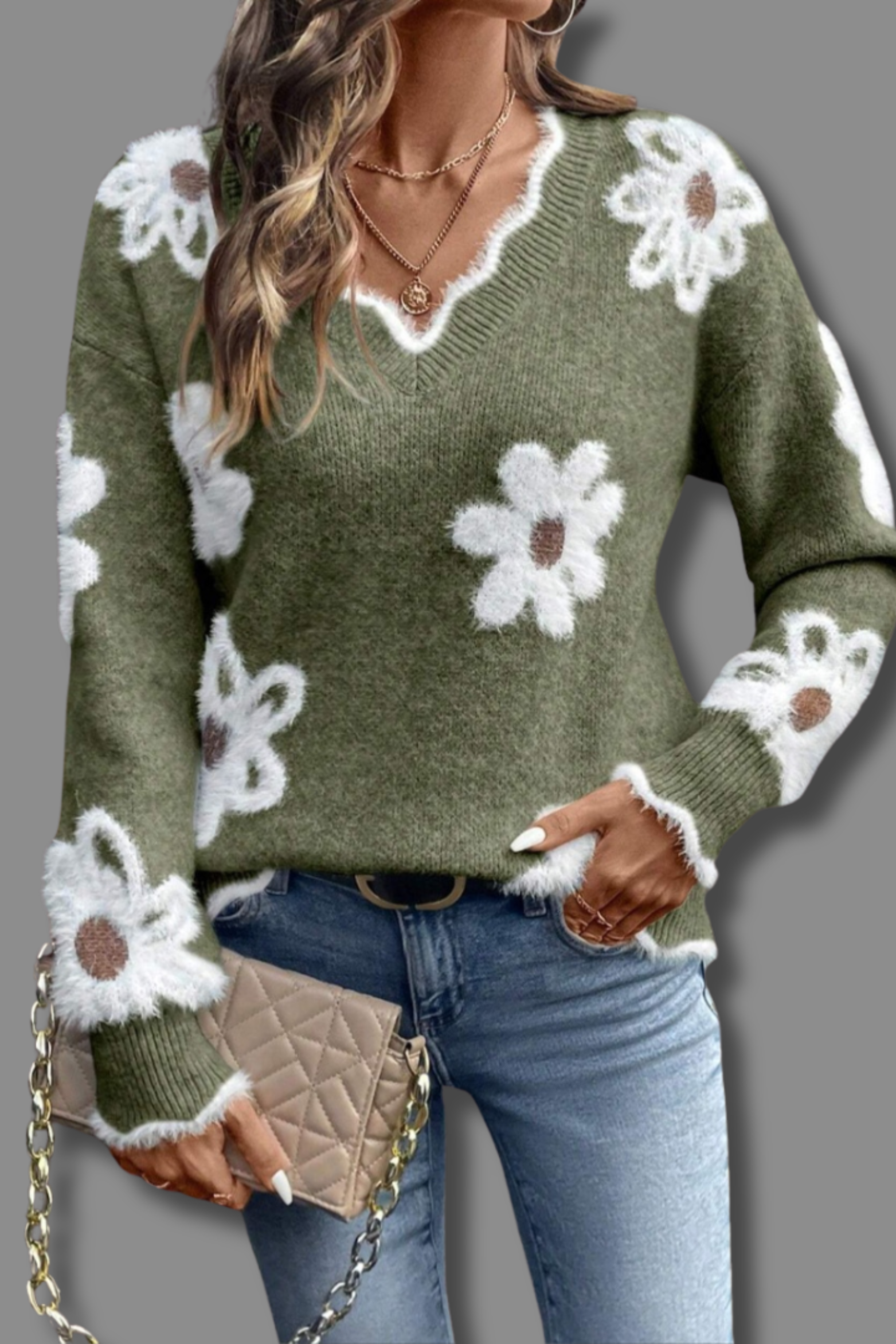 Women's Floral V Neck Knit Sweater
