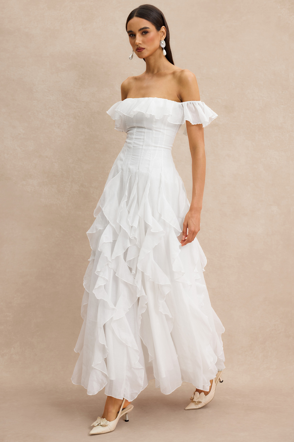 Off-Shoulder Frill Maxi Dress with Flowing Organza Design