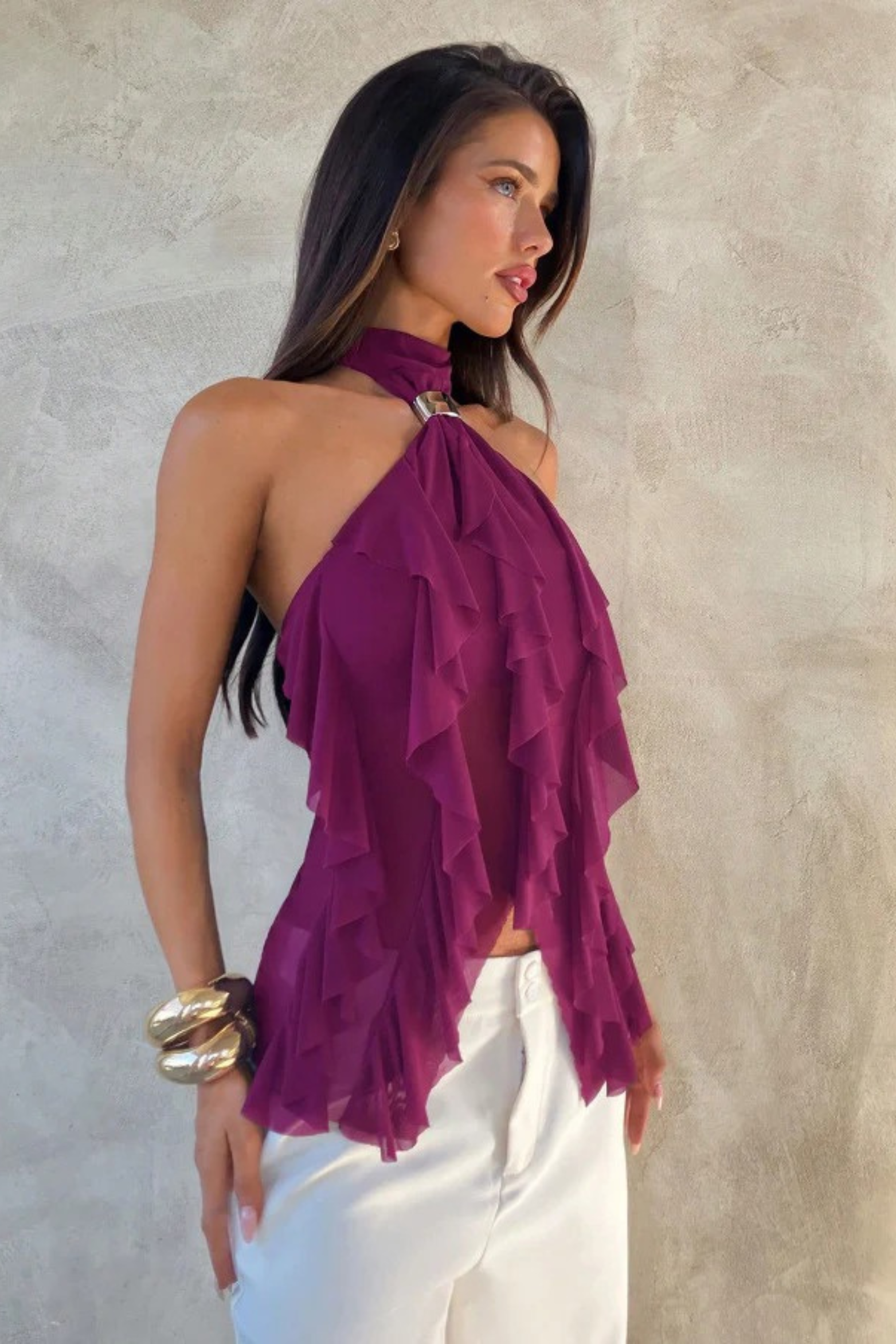 Layered Halter Party Top with Sheer Ruffle Detail