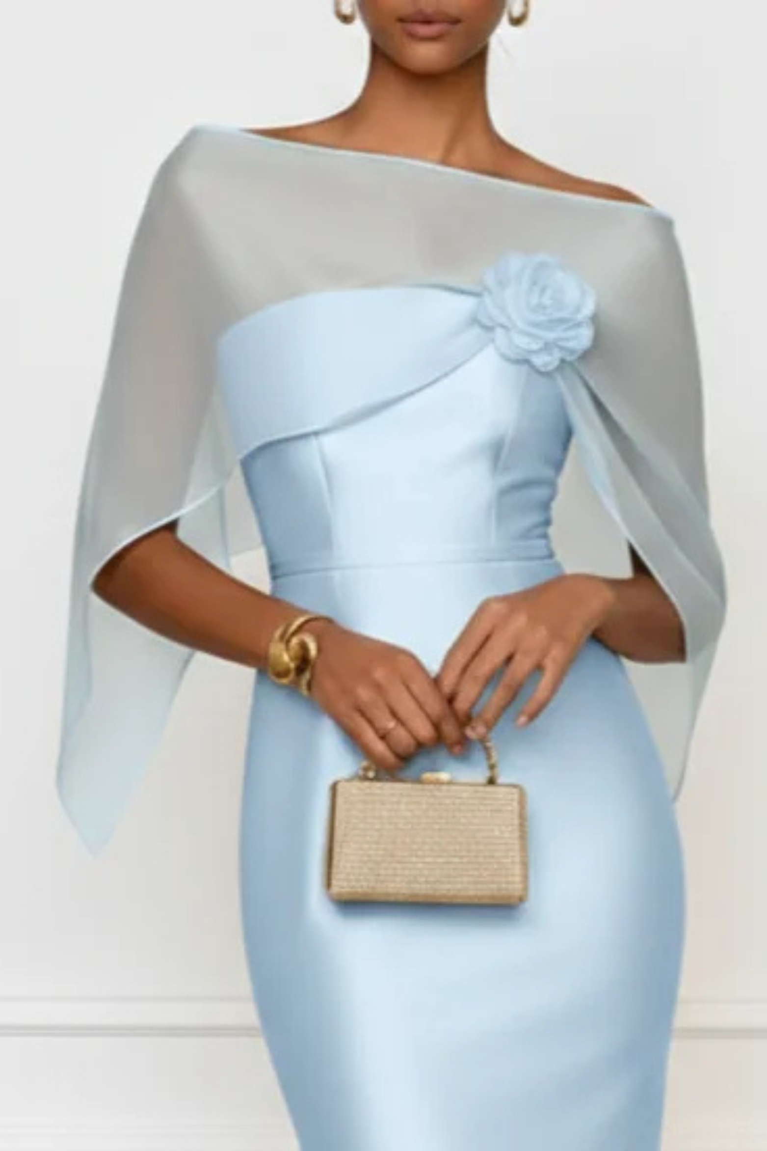 3D Floral Satin Boat Neck Cape Sleeve Sheath Gown