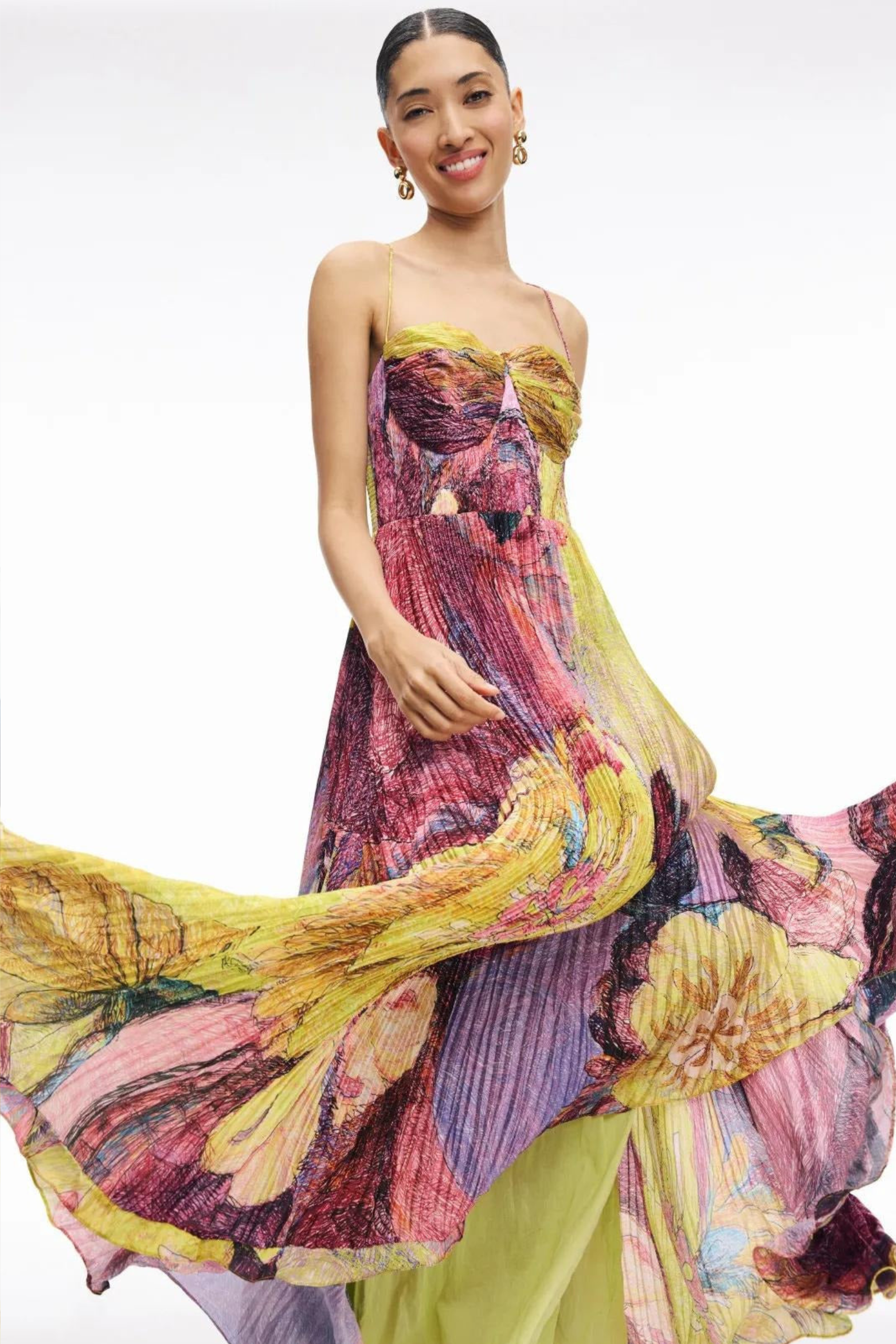 Floral Pleated Swing Maxi Dress with Spaghetti Straps