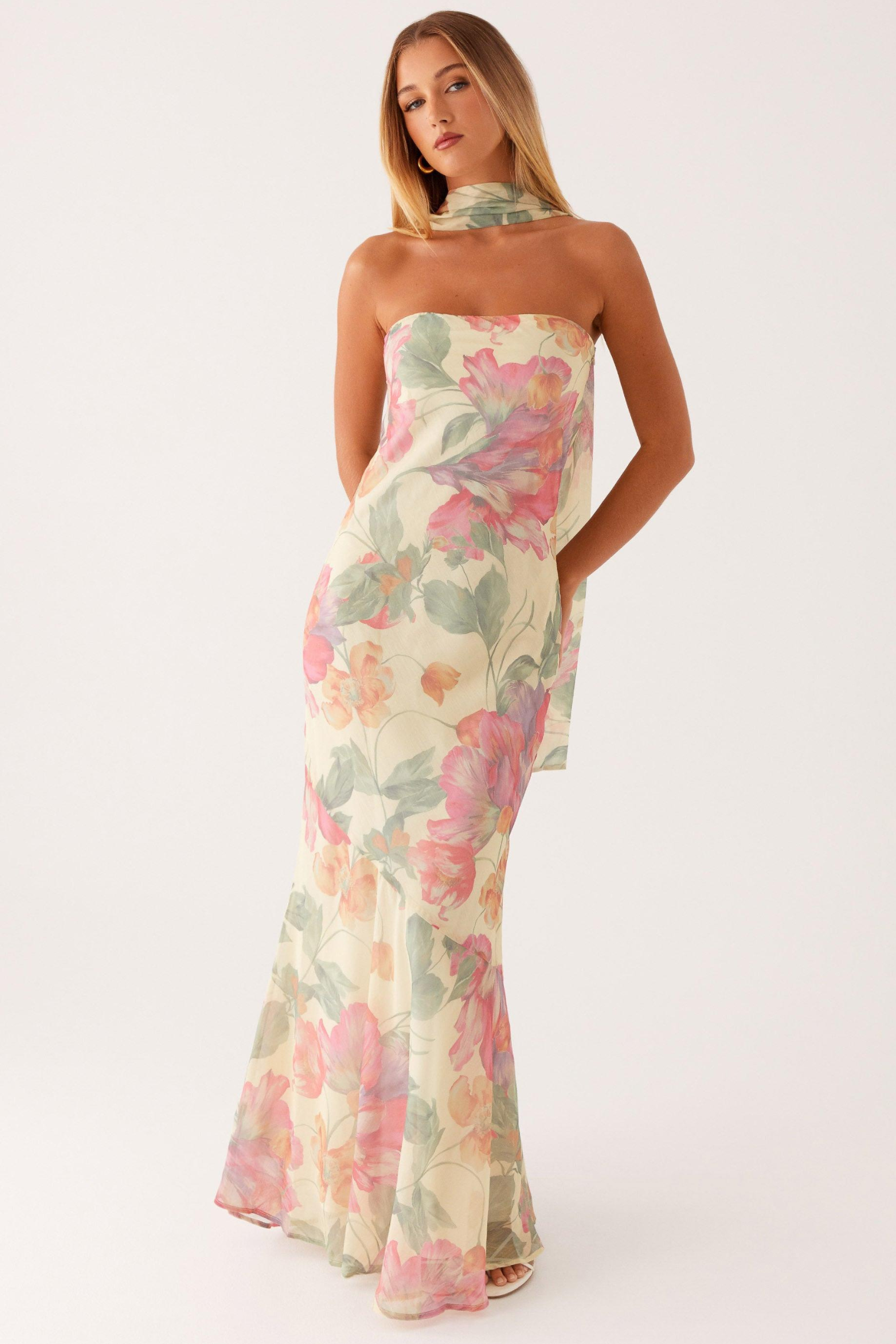 Floral Strapless Chiffon Maxi Dress with Pleated Detail