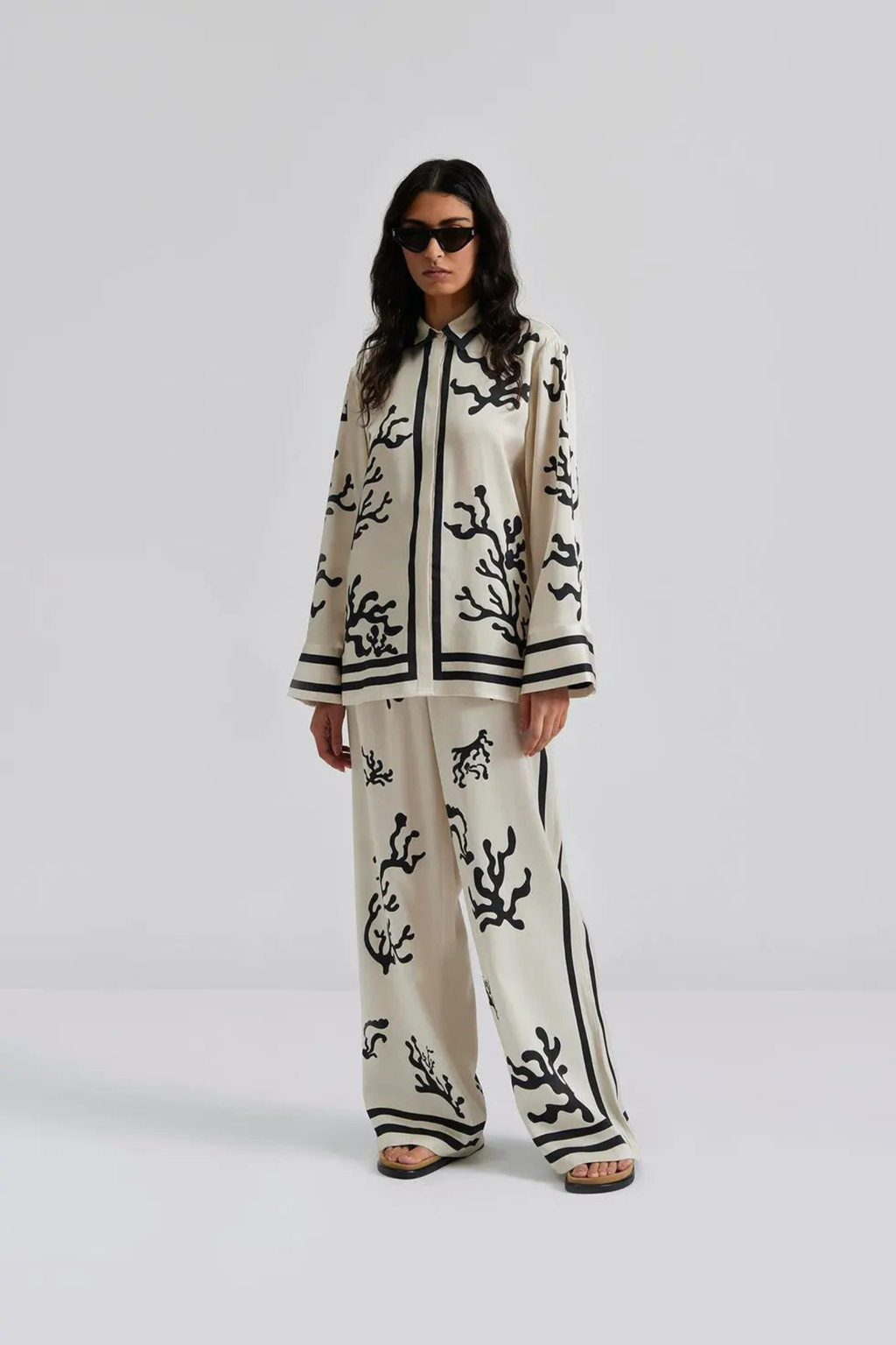 Printed Satin Wide Leg Pocket Pants Set