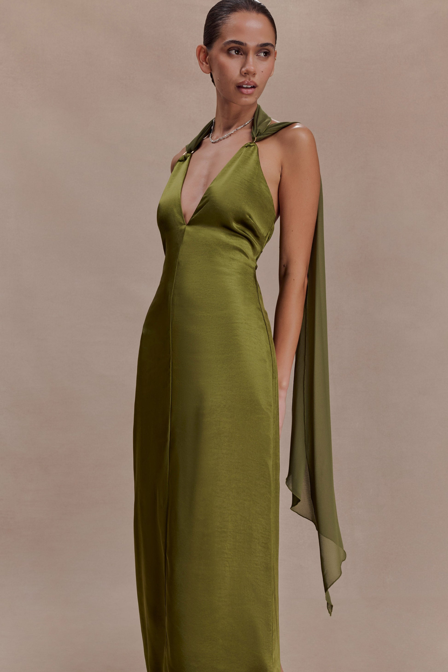 Draped Shoulders Satin Maxi Dress - Khaki