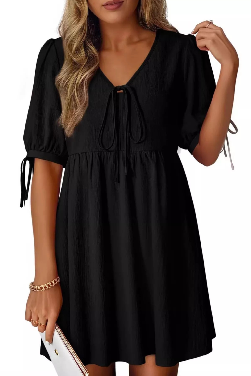 Romantic Tie Neck Puff Sleeve Mini Dress
