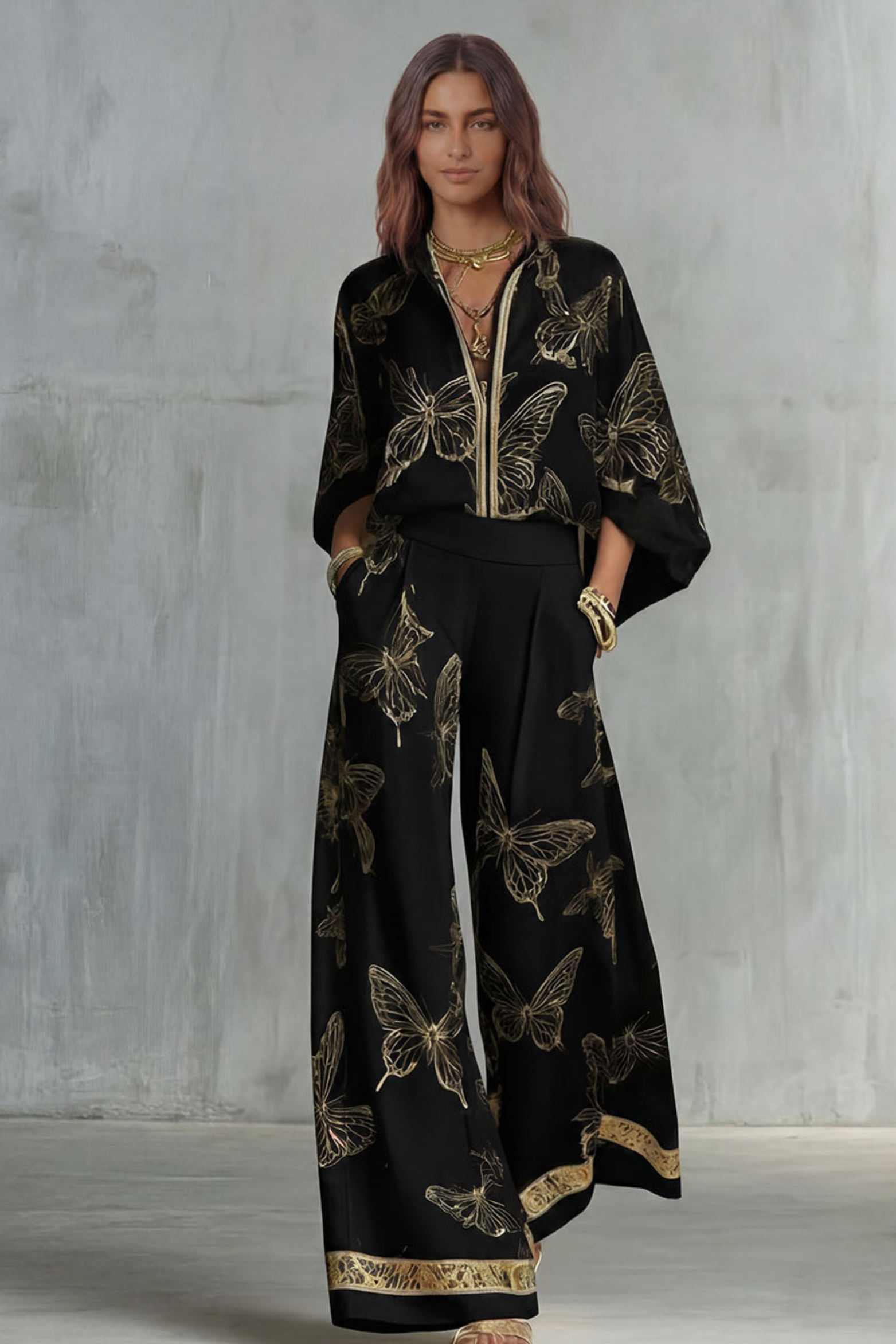 Butterfly Print Zip Front Two Piece Set