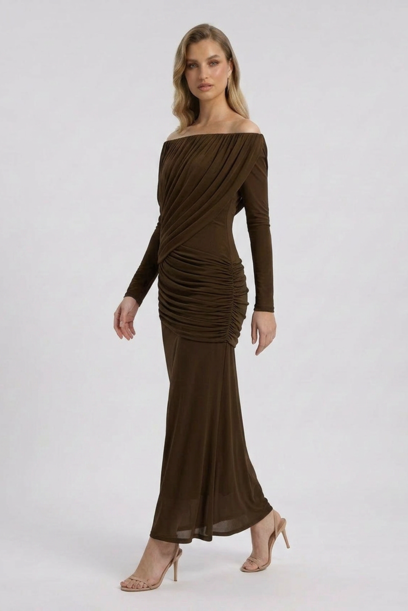 Off Shoulder Ruched Maxi Dress with Long Sleeves