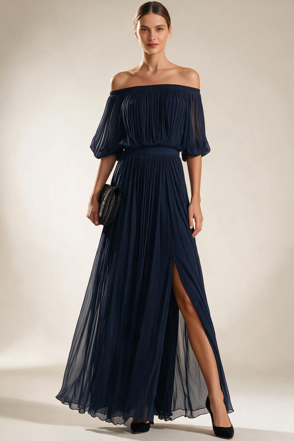 Pleated Chiffon Off Shoulder Maxi Dress