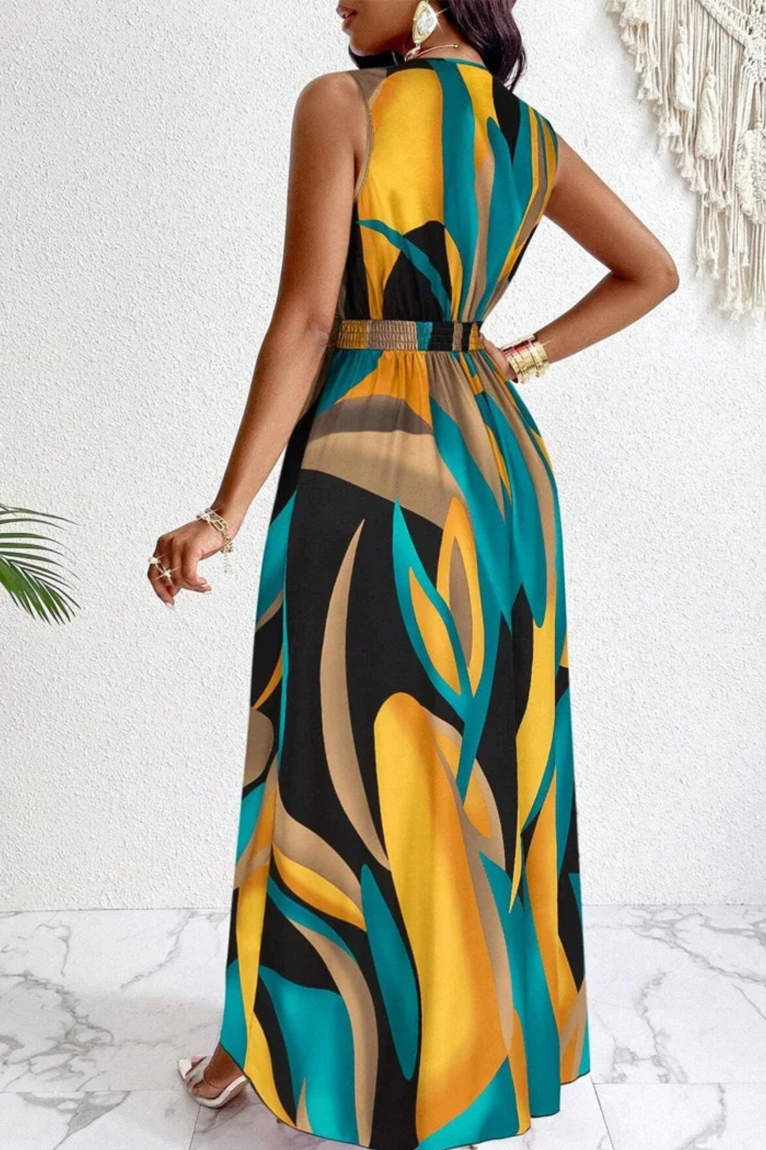 Abstract Print V Neck Sleeveless Maxi Dress
