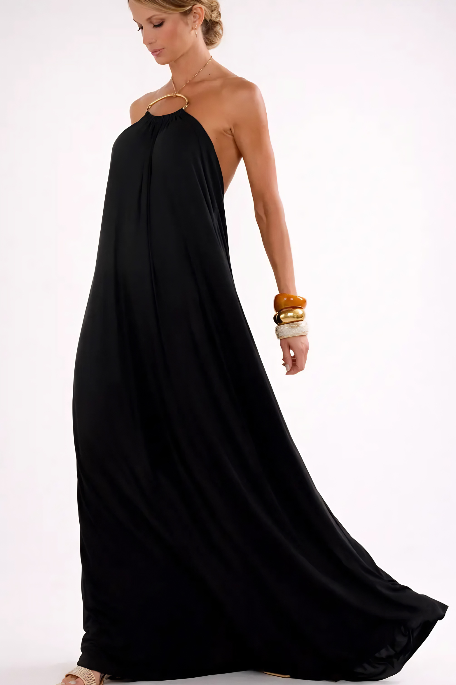 Backless Halter Maxi Dress with Metal Chain Detail, Black / XL Backless Halter Maxi Dress with Metal Chain Detail, Black / XL