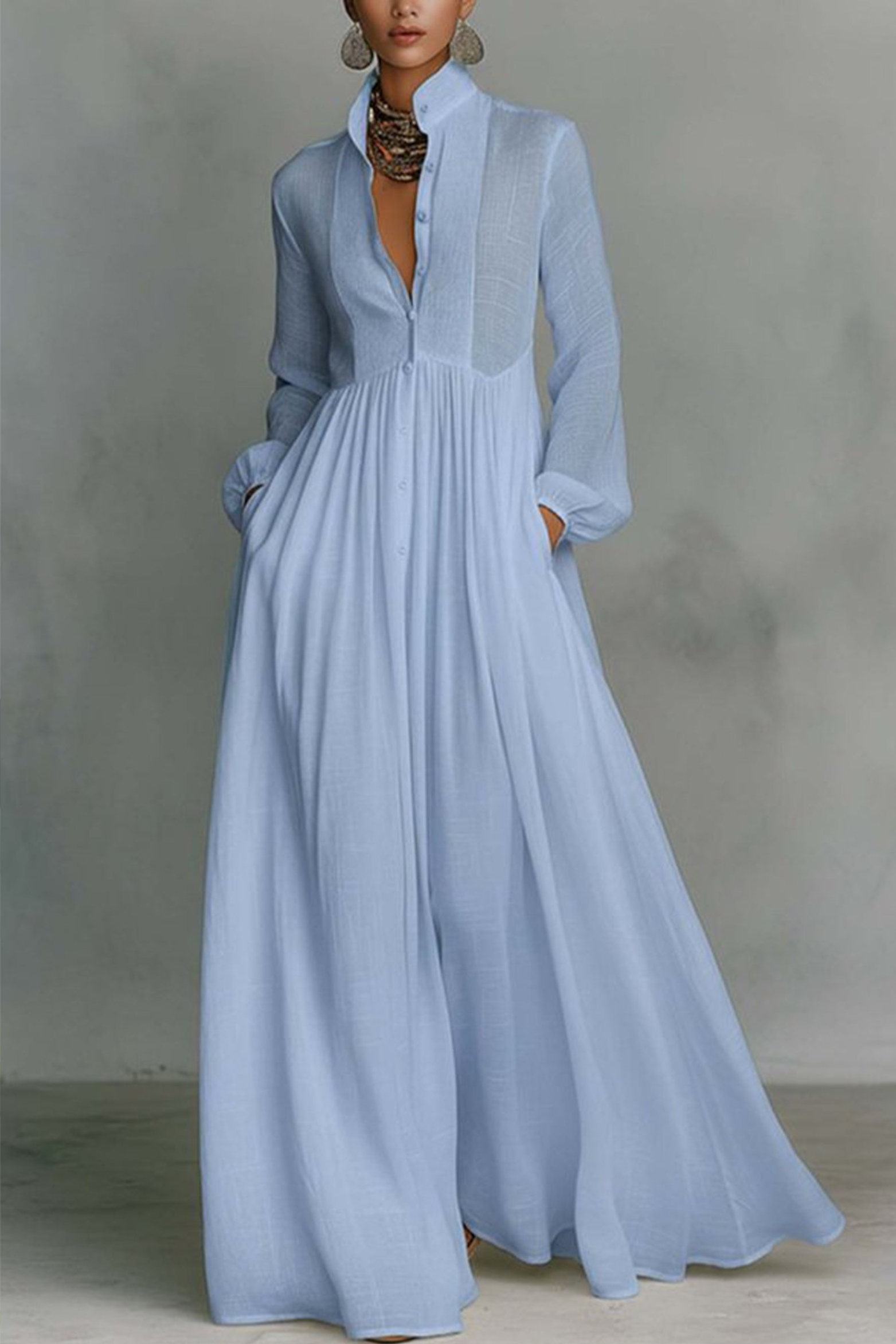Relaxed Fit Linen Maxi Dress with Stand Collar Style