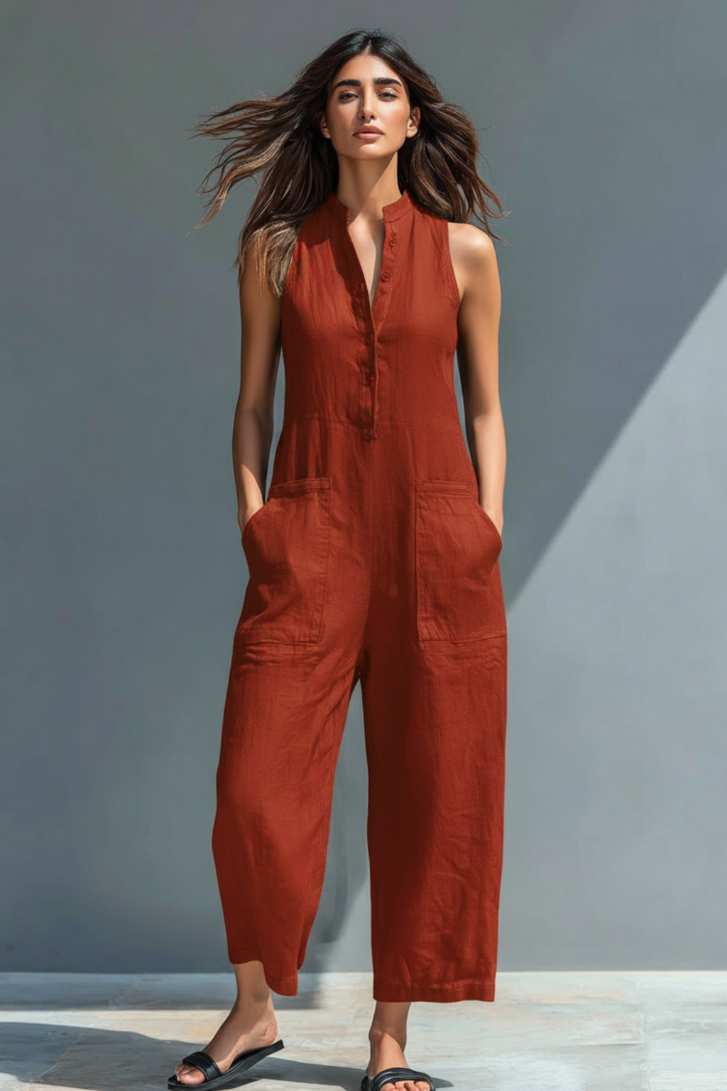 Linen Blend Stand Collar Sleeveless Loose Button Jumpsuit