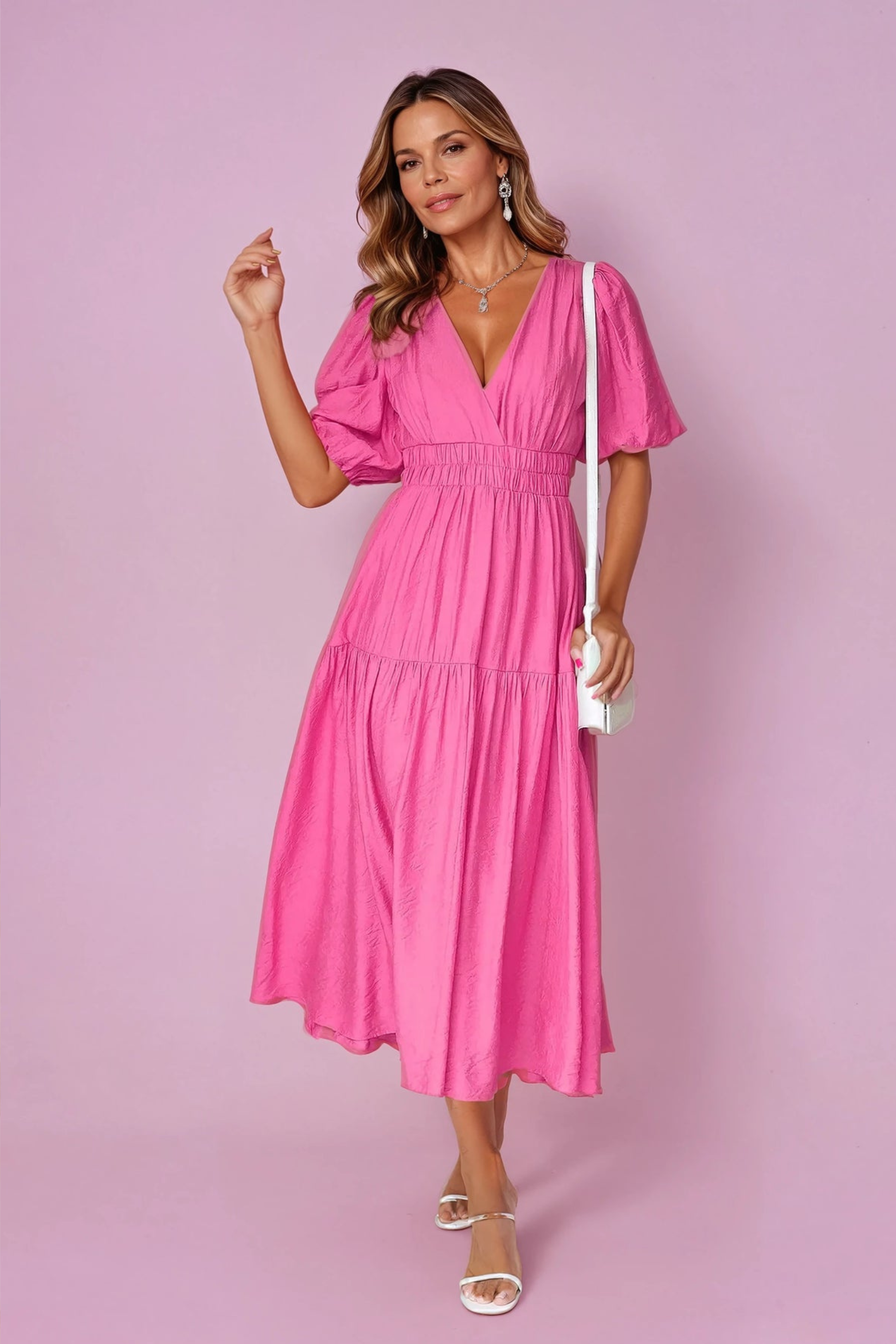 Puff Sleeve Smocked Waist V Neck Midi Dress