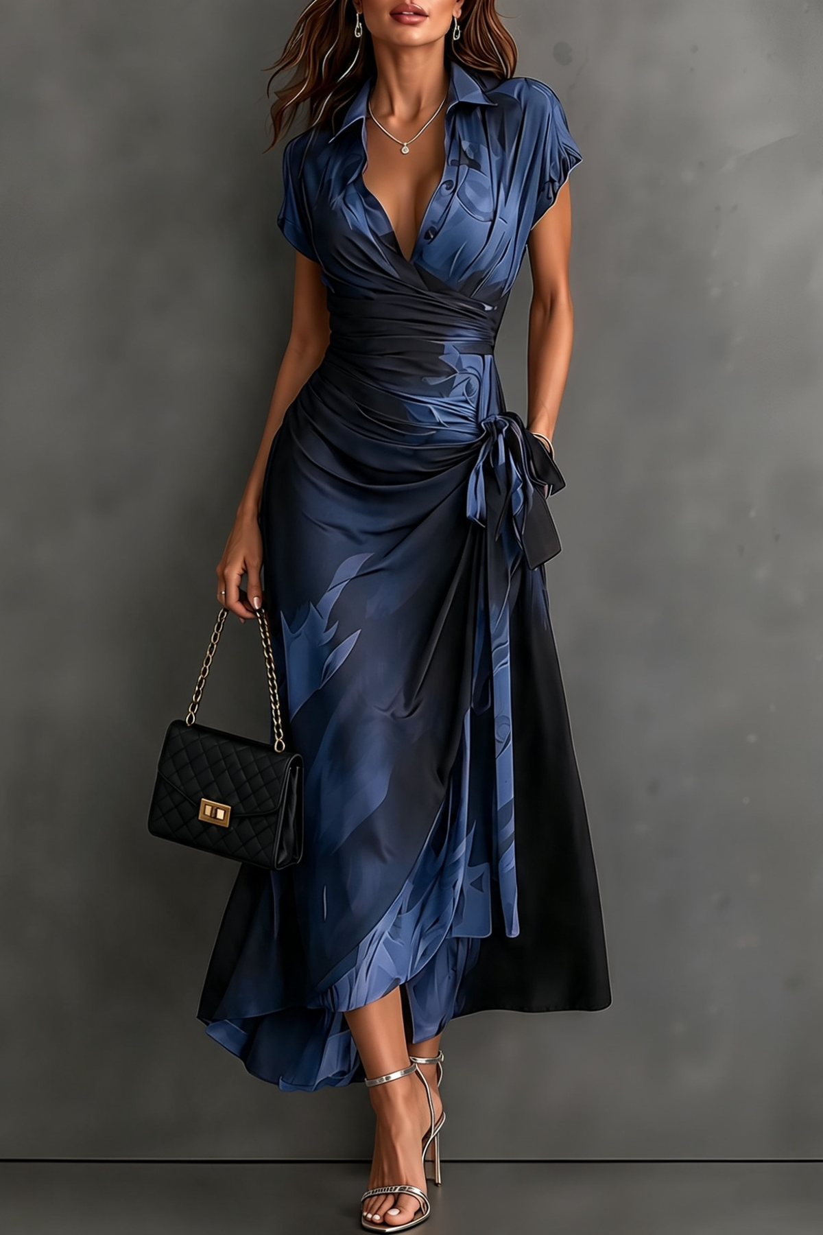 Abstract Print Wrap High Low Midi Dress