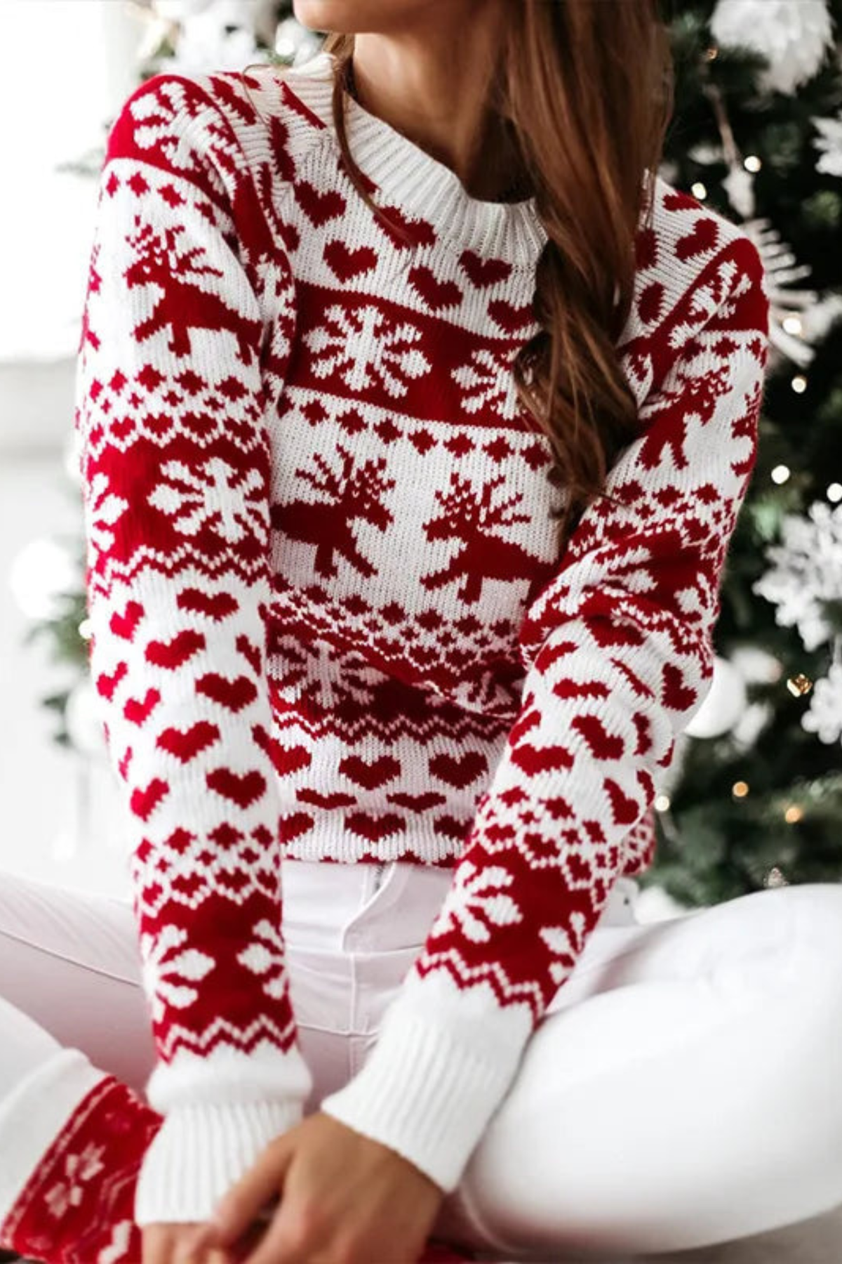 Festive Winter Motif Crew Neck Sweater