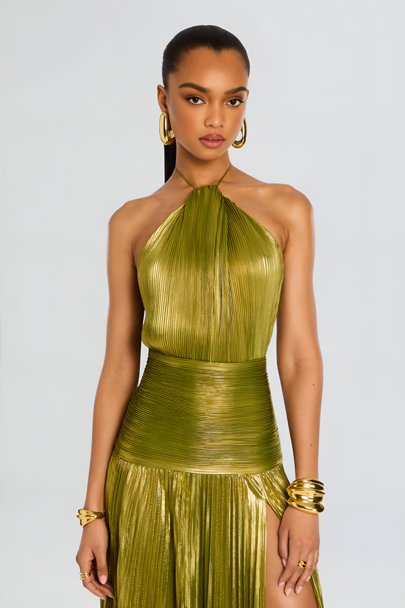 Shimmer Pleated Halter Maxi Dress with Side Split