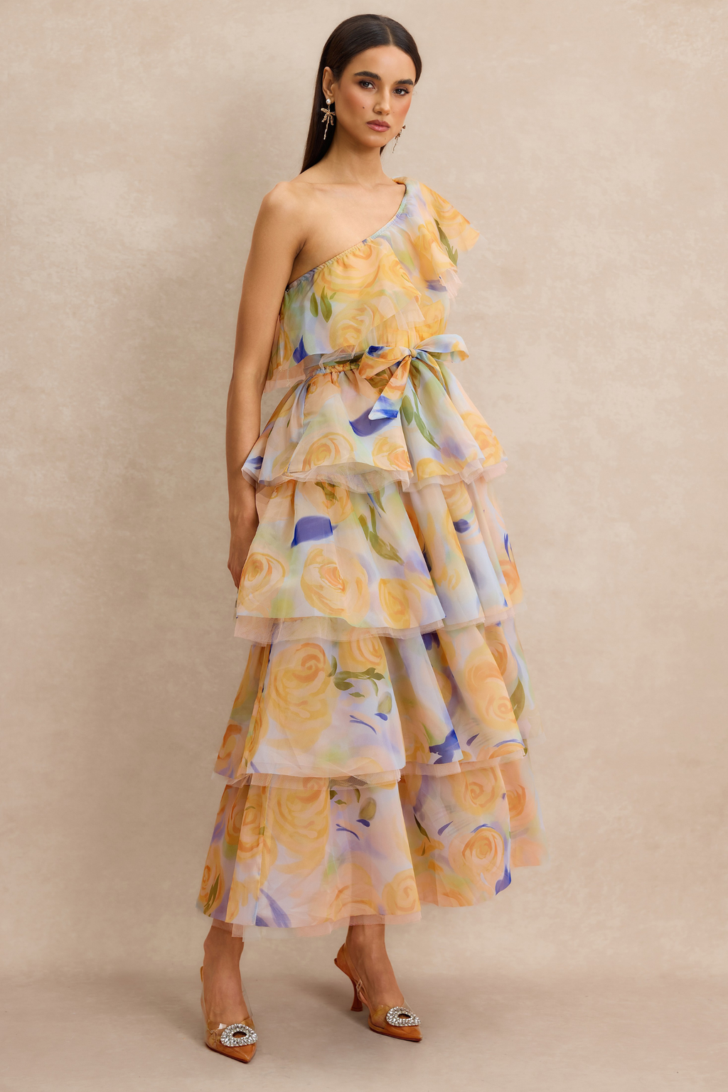 Sleeveless Floral Organza Midi Dress with One Shoulder Ruffle