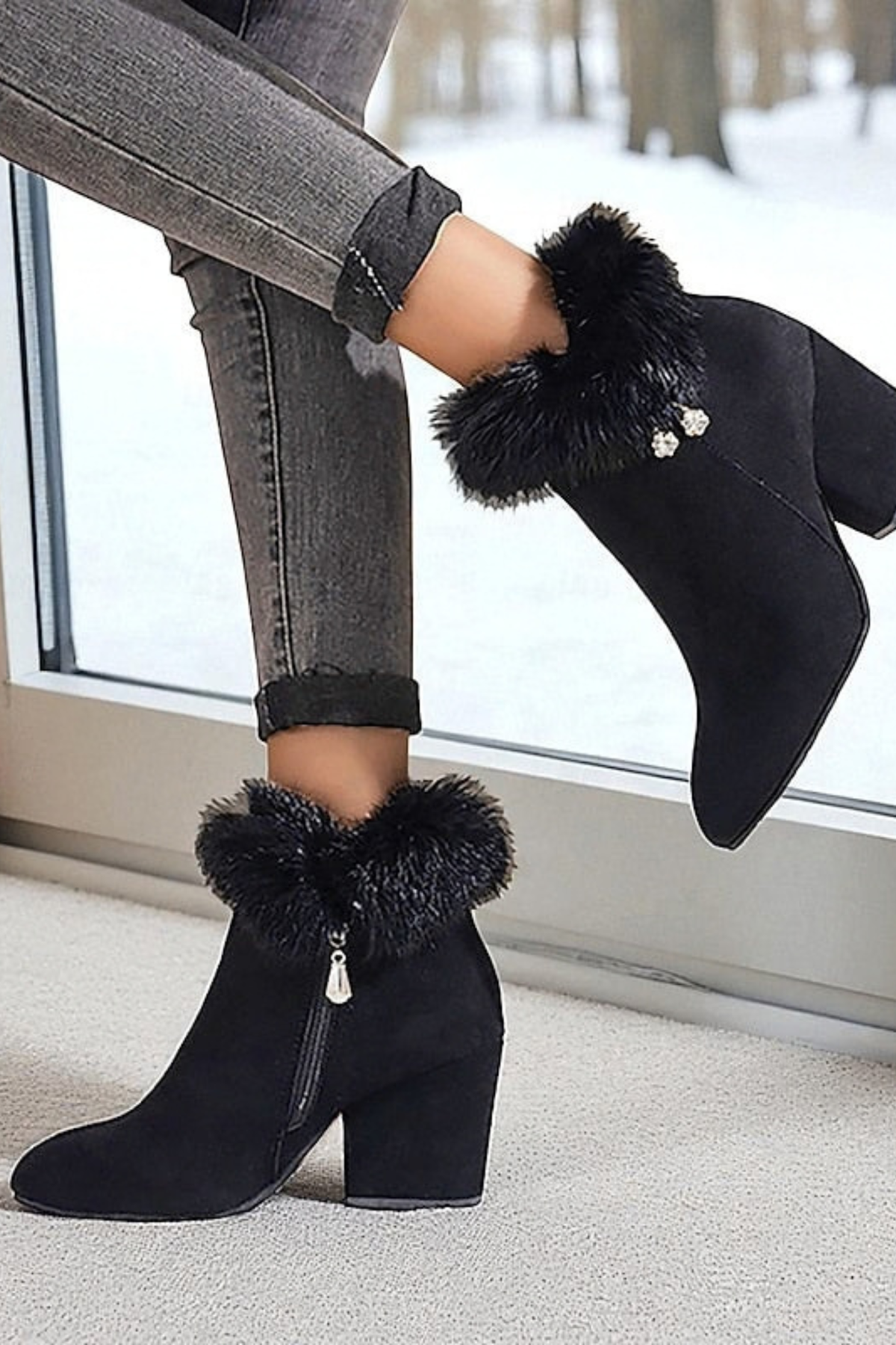 Fur Trim Block Heel Ankle Boots