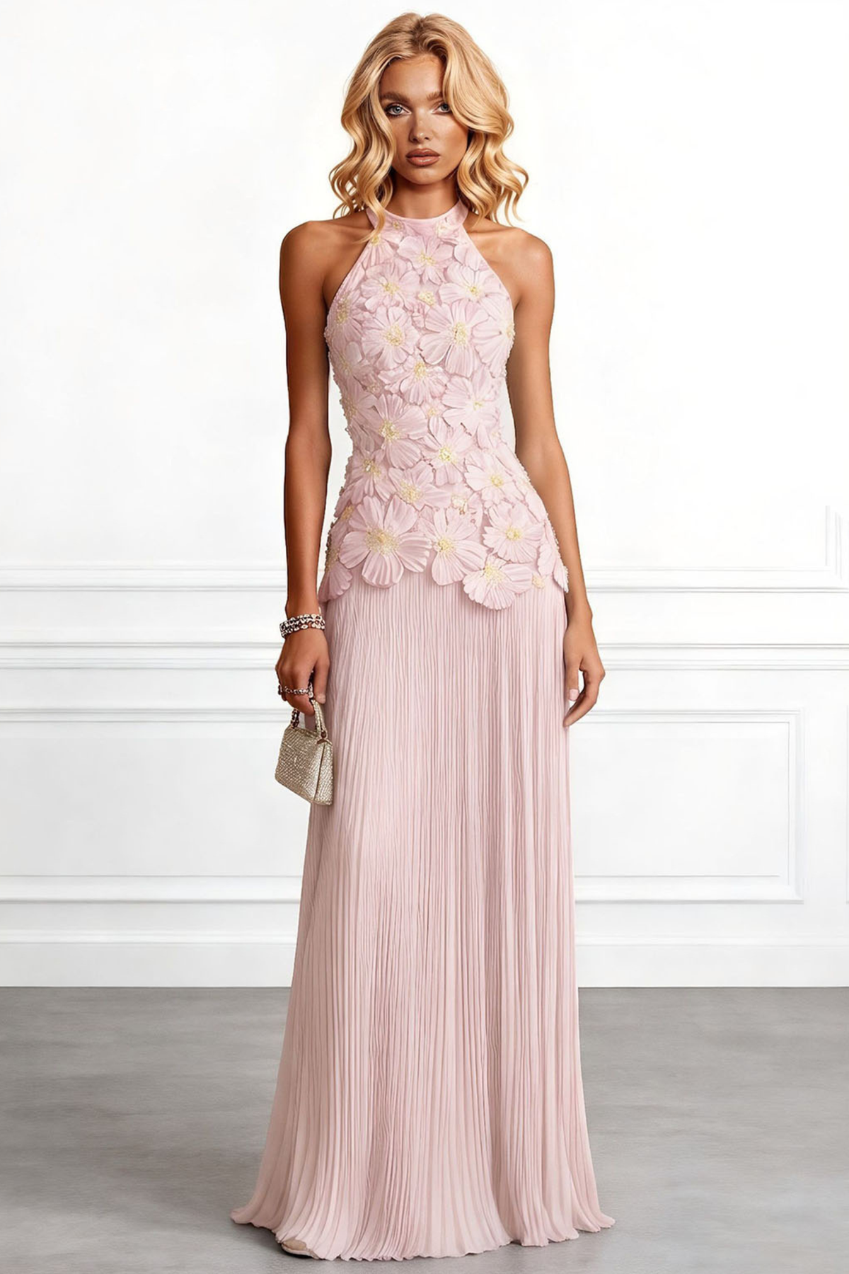 Halter Ruched Floral Maxi Dress