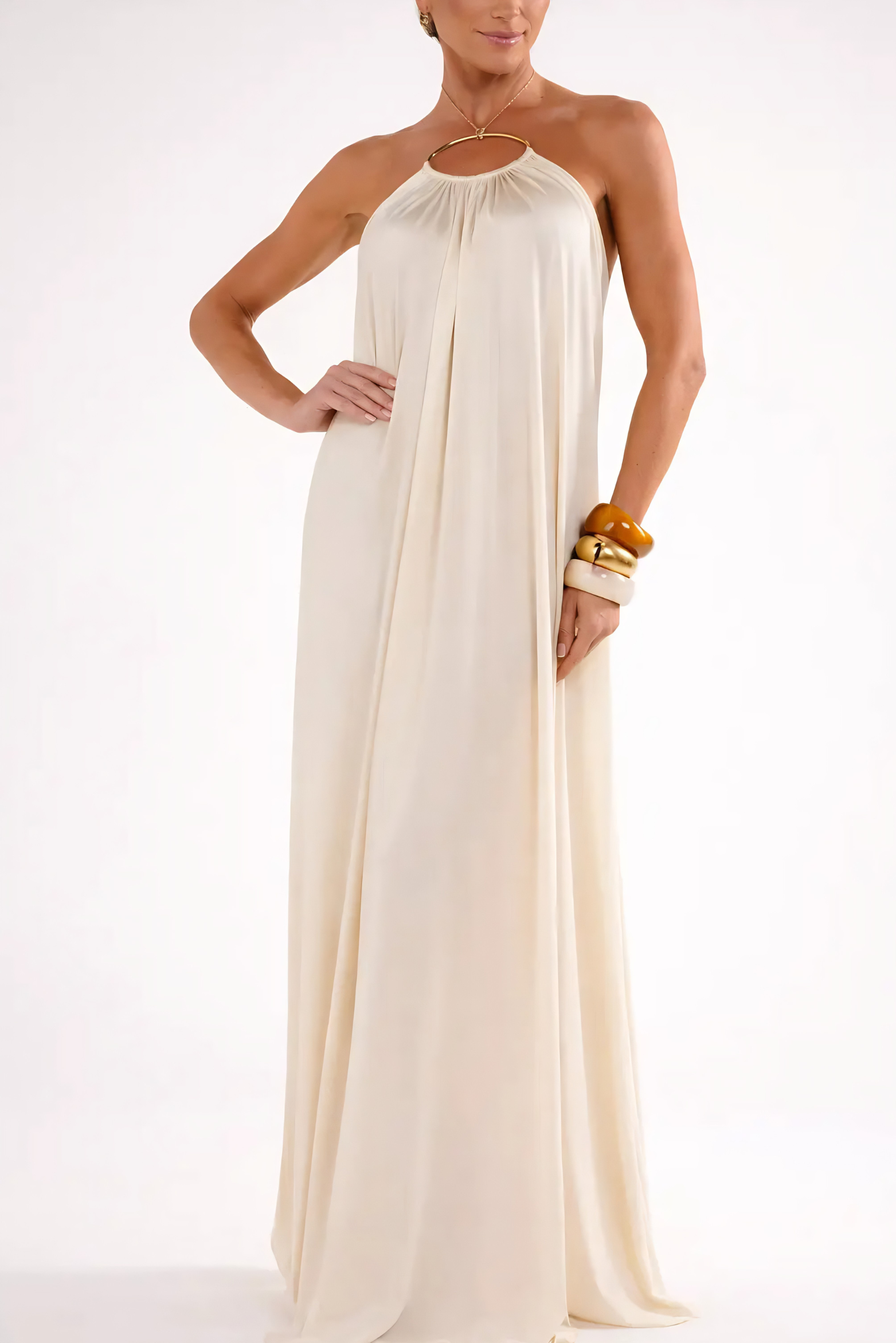 Backless Halter Maxi Dress with Metal Chain Detail, White / S Backless Halter Maxi Dress with Metal Chain Detail, White / S