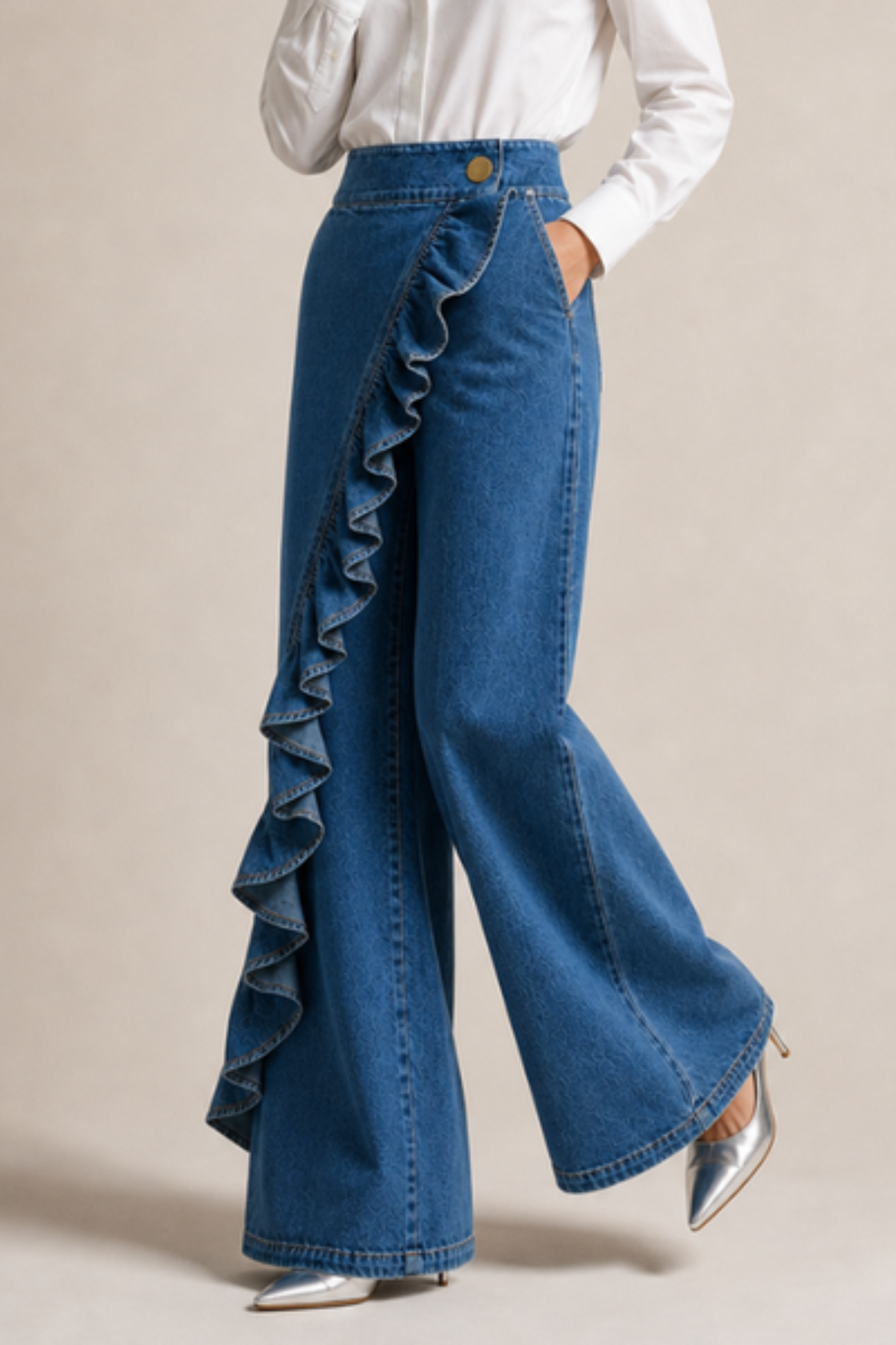 Asymmetrical Ruffle Mid Rise Wide Leg Jeans