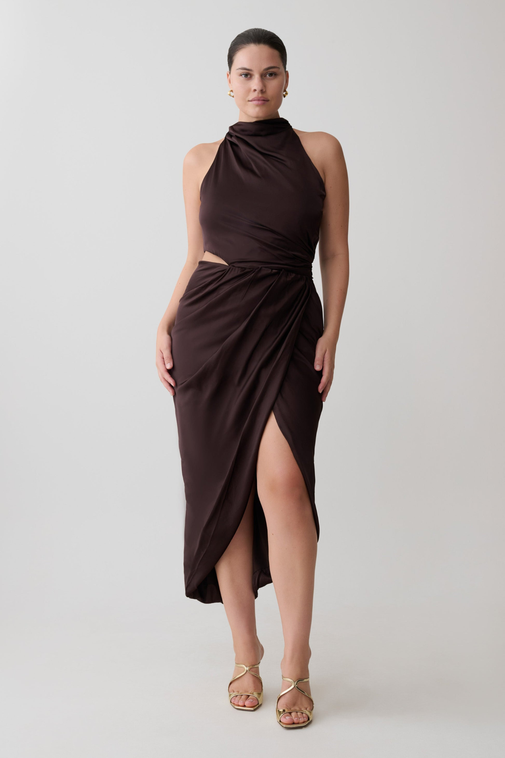Draped Halter Midi Dress - Dark Chocolate