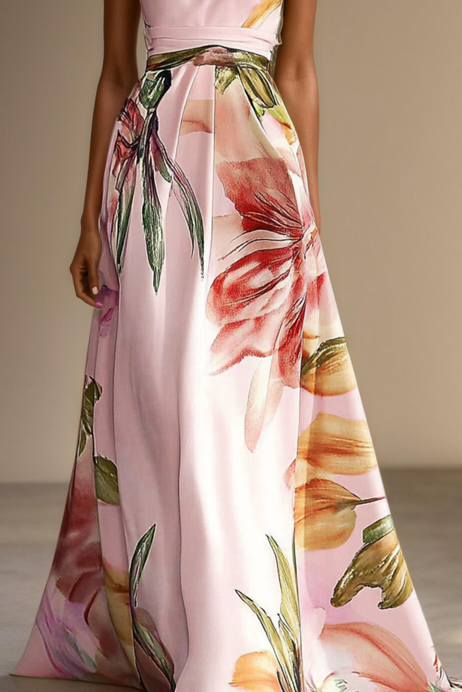 Pink Floral Satin One Shoulder Maxi Dress