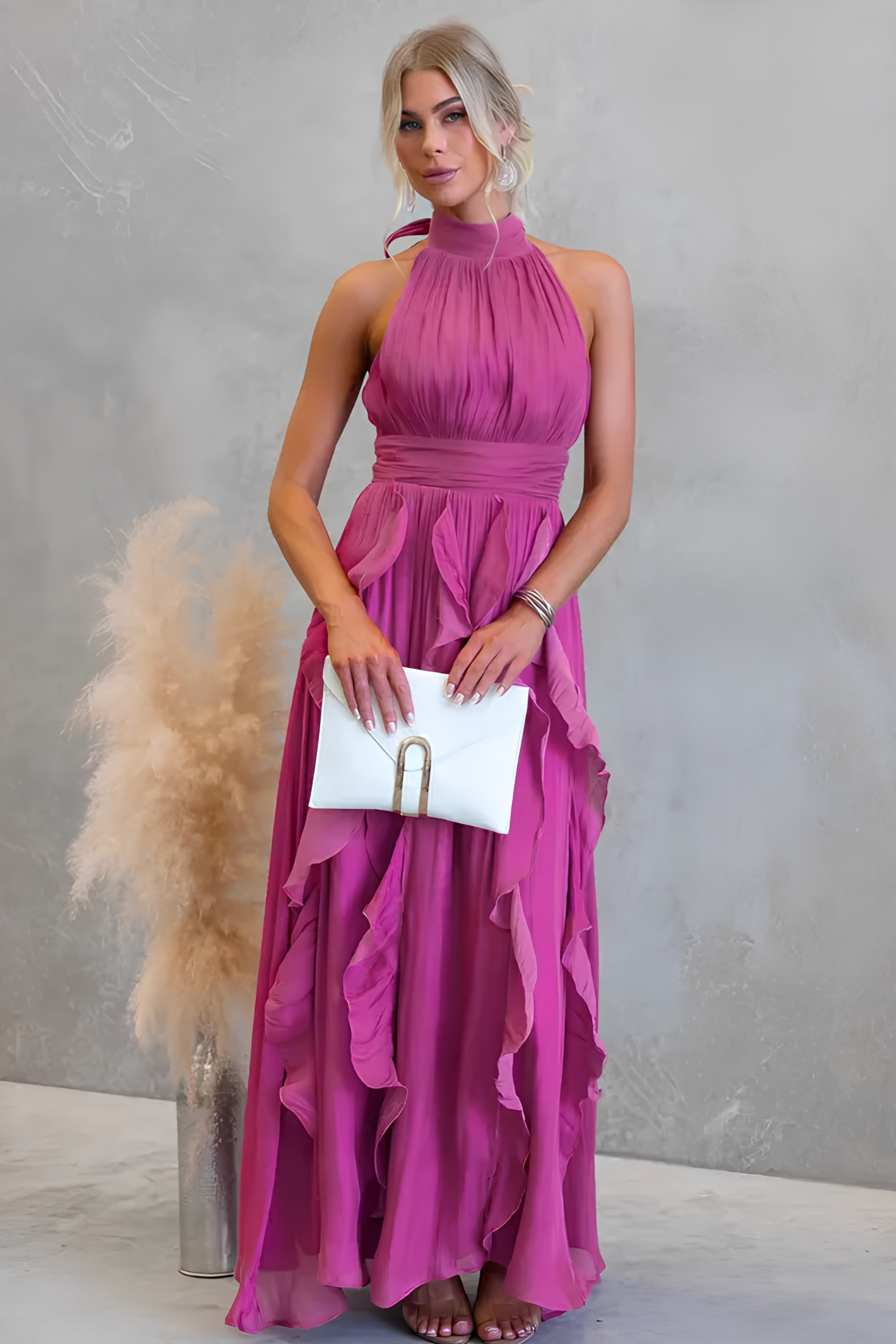Coral Metallic Chiffon Ruffle Tie Neck Maxi Dress