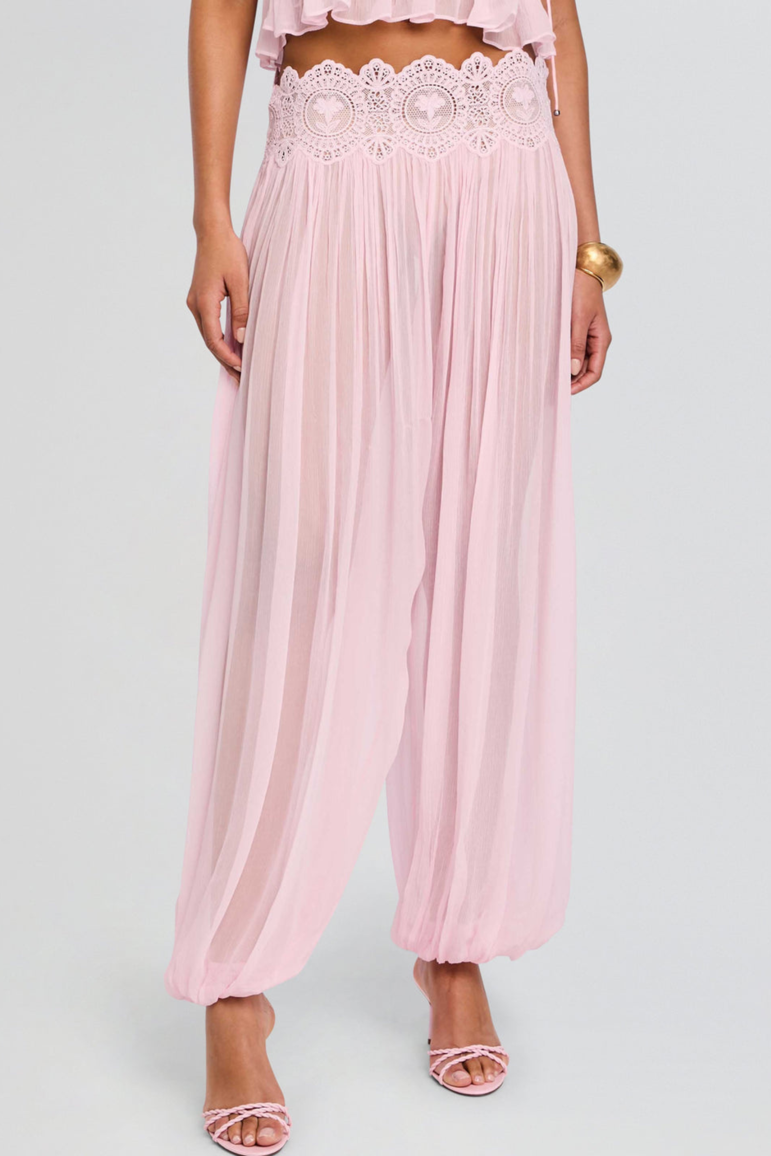 Blush Chiffon Two-Piece Set with Lace Trim Wide-Leg Pants