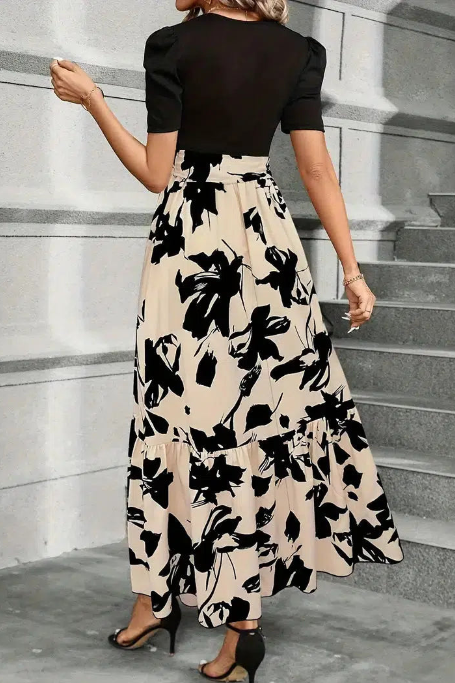 Tie Waist Floral Maxi Dress with Puff Sleeves