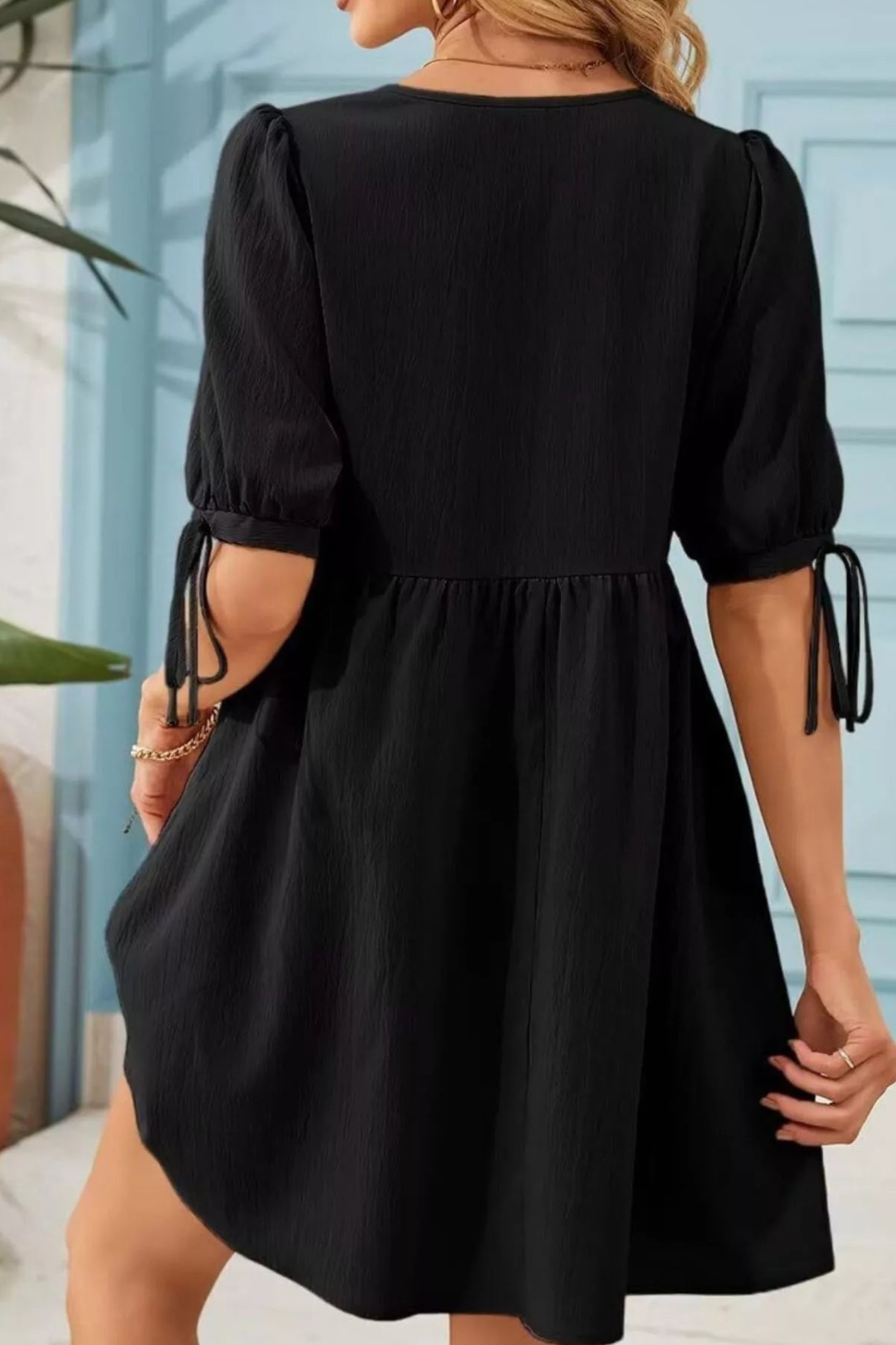 Romantic Tie Neck Puff Sleeve Mini Dress