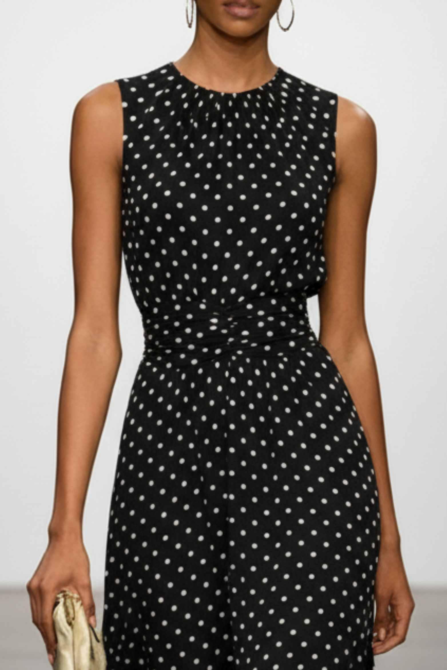 Ruched Chiffon Polkadot Maxi Dress with A Line Silhouette