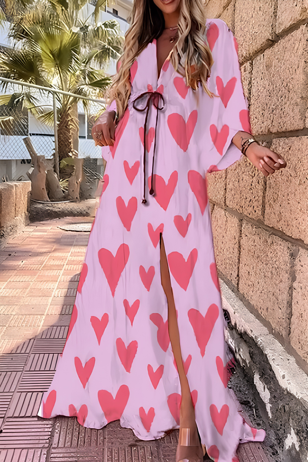 Abstract Print V Neck Maxi Dress with Kimono Sleeves and Side Split