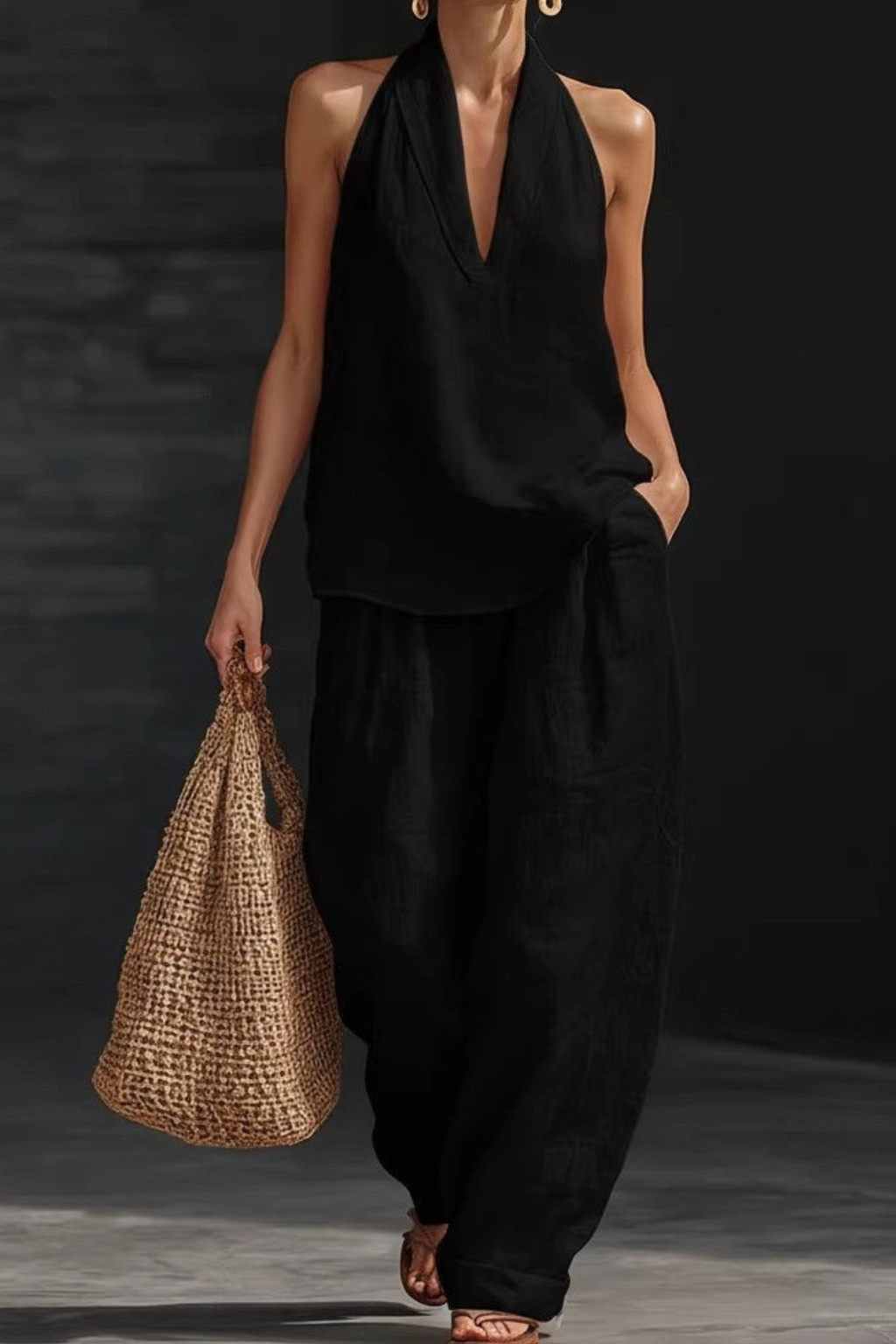 V Neck Sleeveless Linen Pants Set
