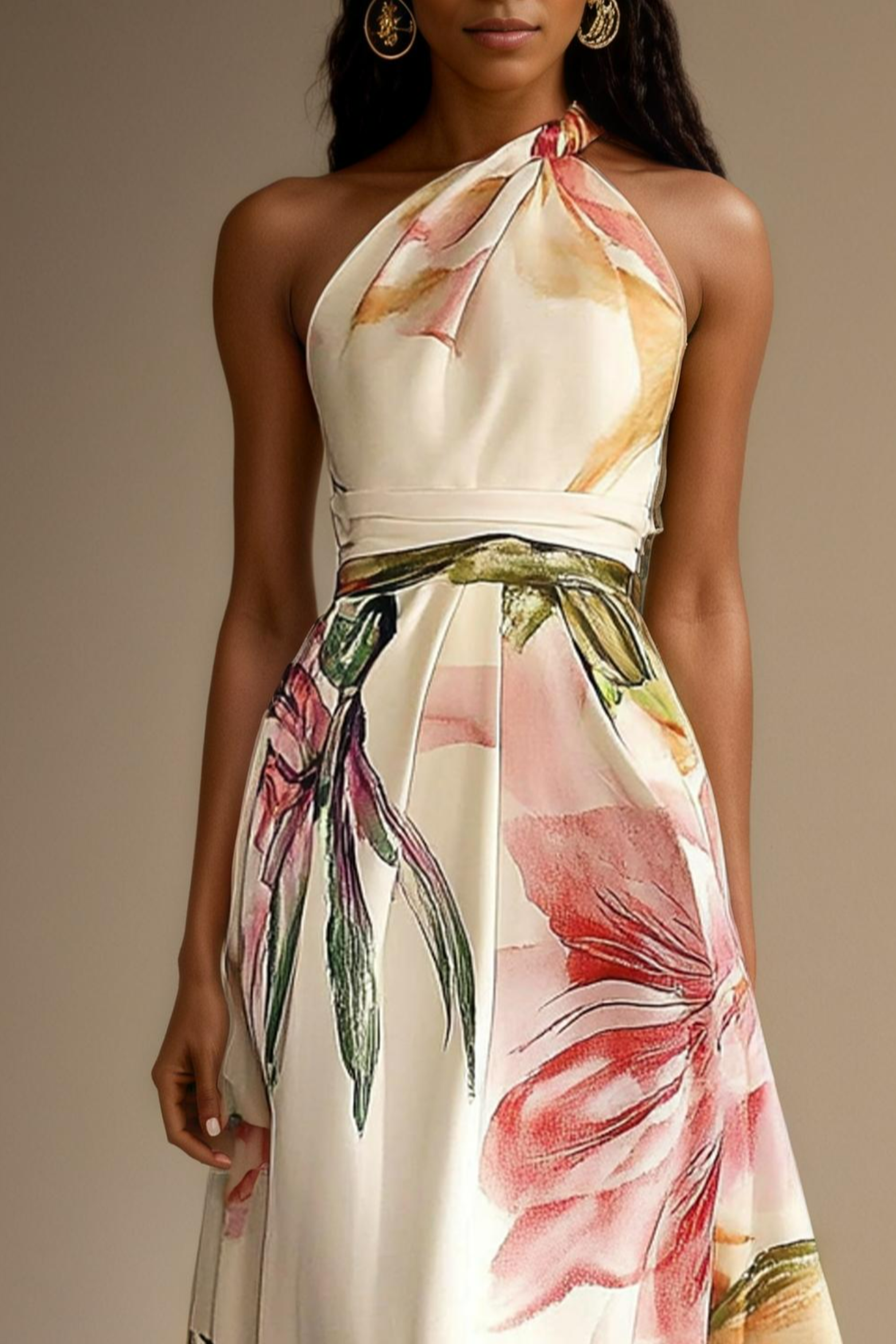Pink Floral Satin One Shoulder Maxi Dress