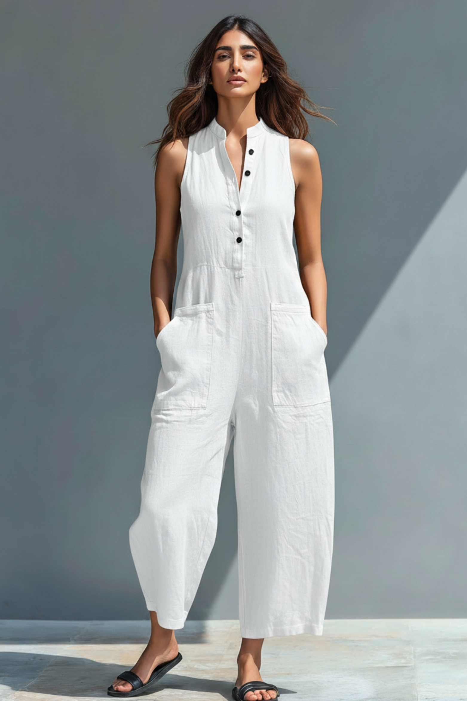 Linen Blend Stand Collar Sleeveless Loose Button Jumpsuit