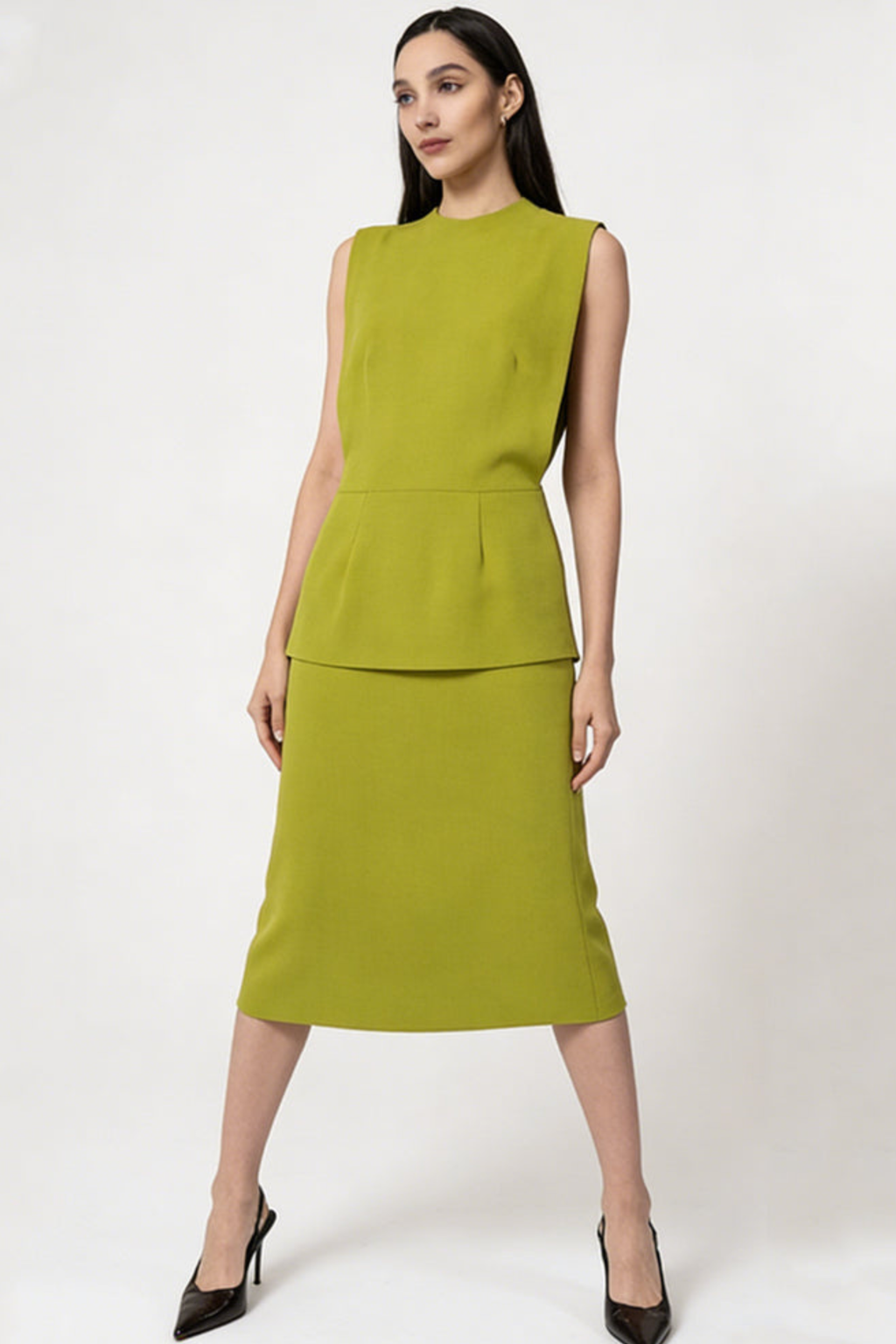 Olive Green Sleeveless Peplum Flare Midi Dr