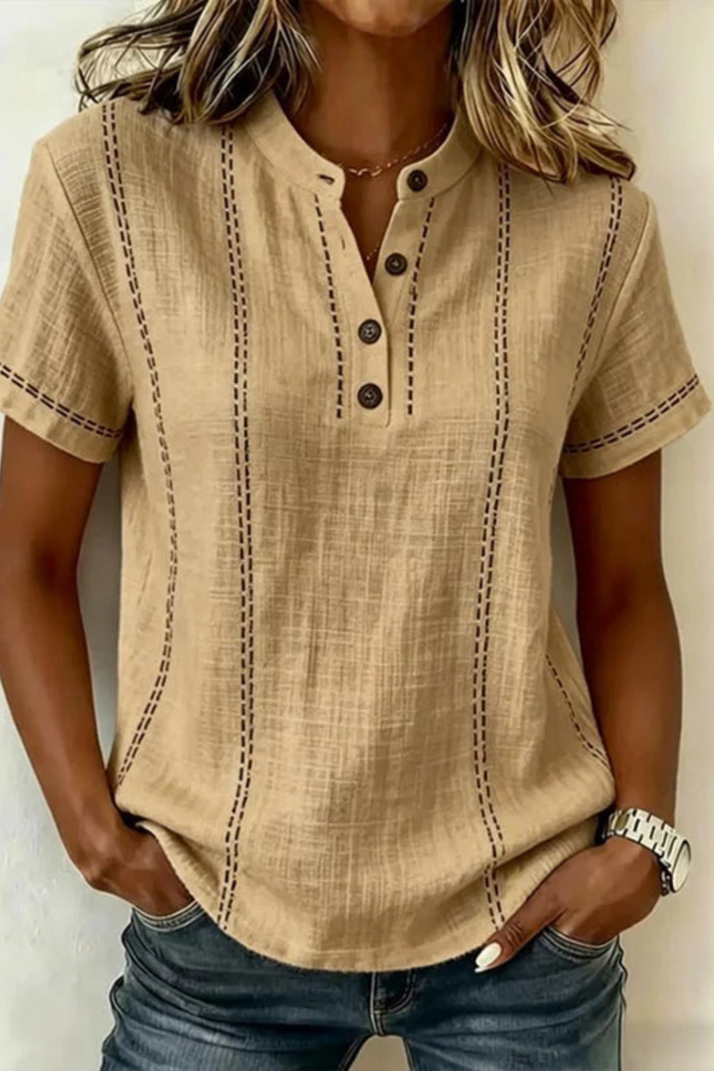 Textured V-Neck Button Blouse with Relaxed Short Sleeves