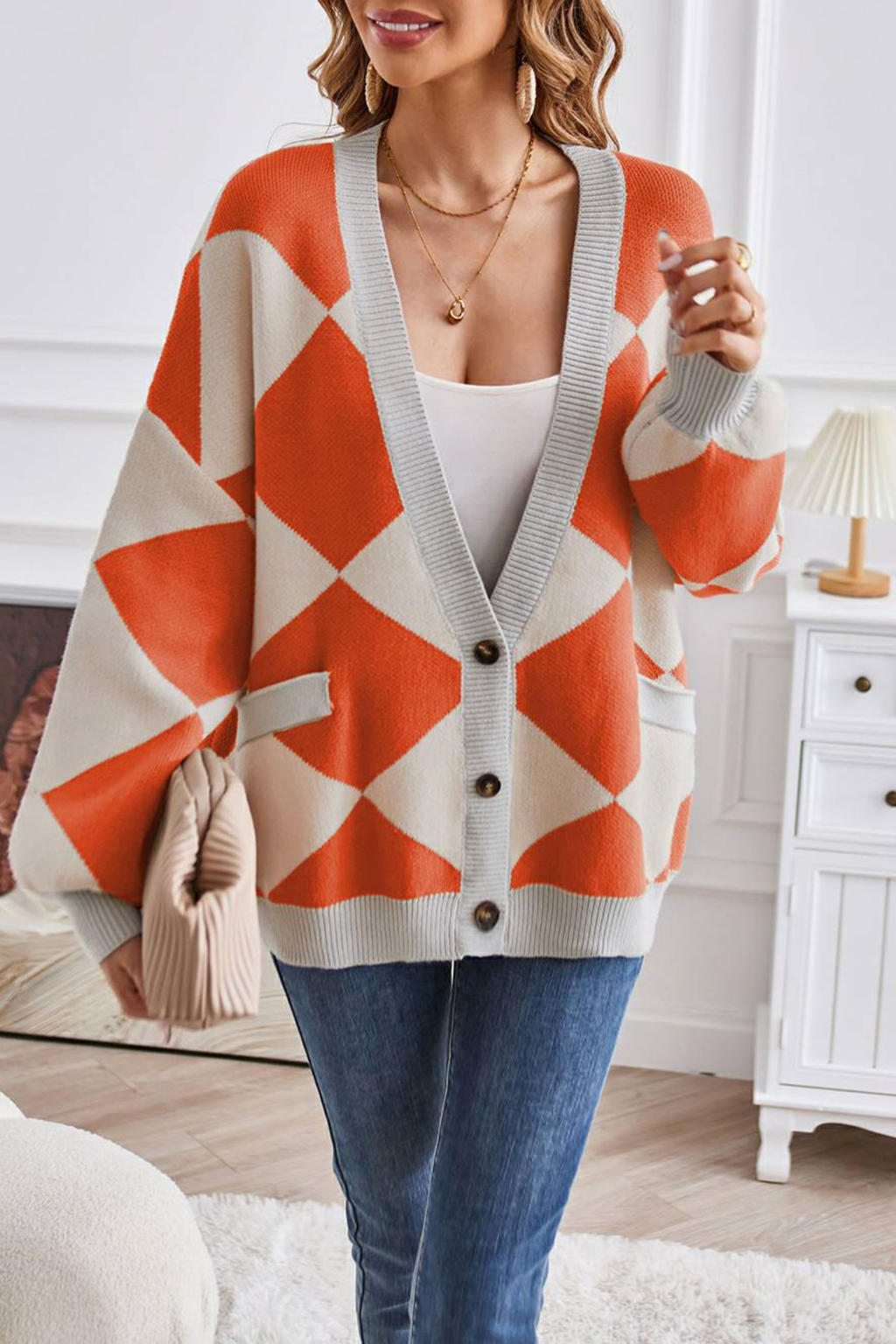 Women's Geometric Knit V Neck Cardigan