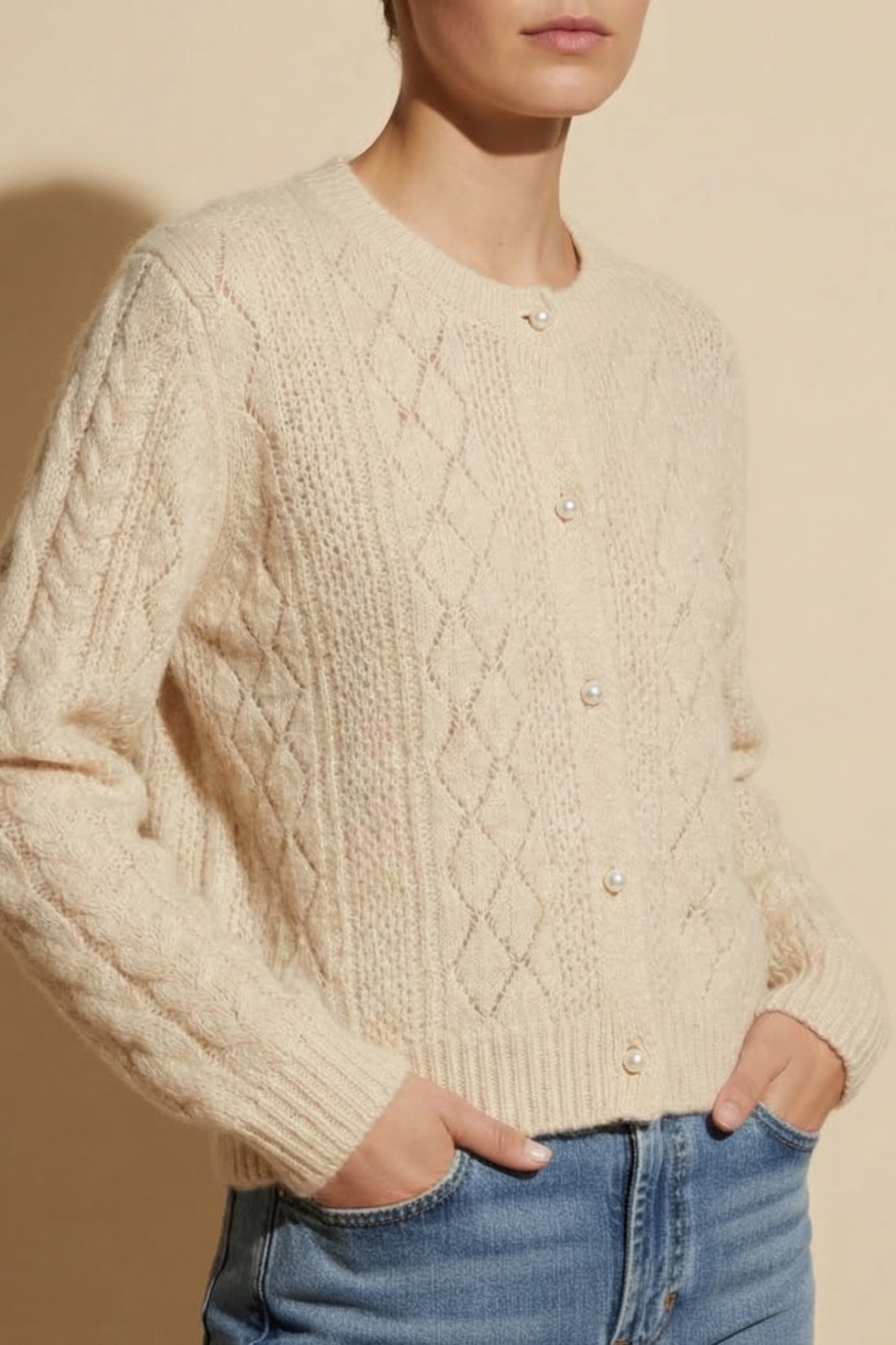 Women's Pearl Accent Open Knit Sweater