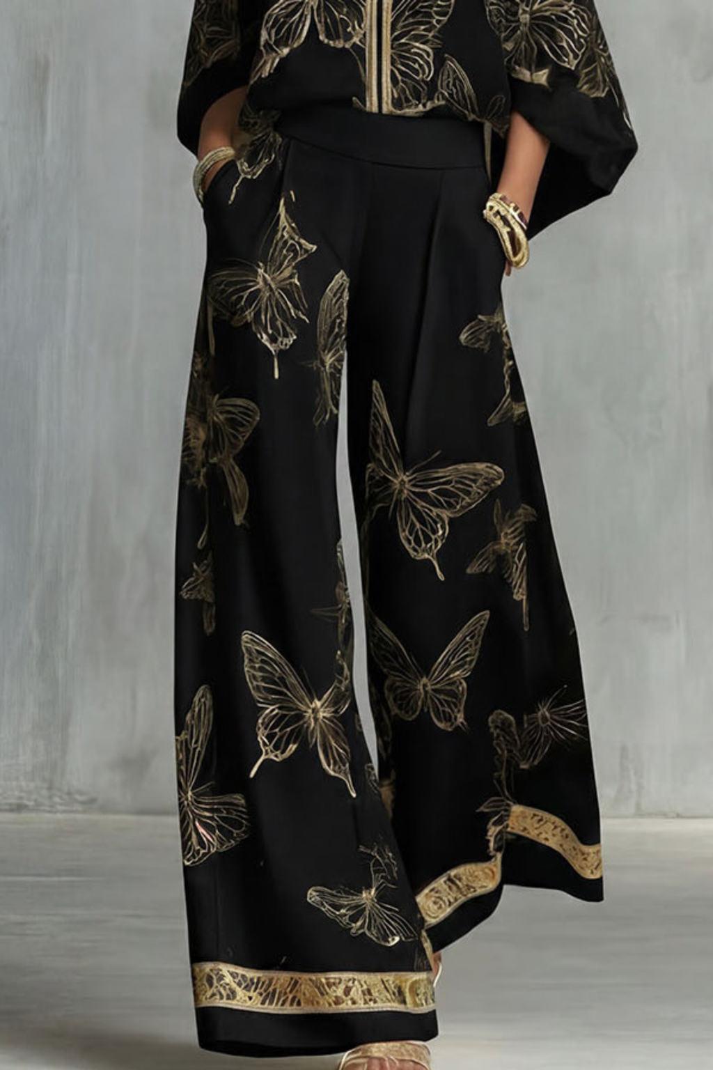 Butterfly Print Zip Front Two Piece Set