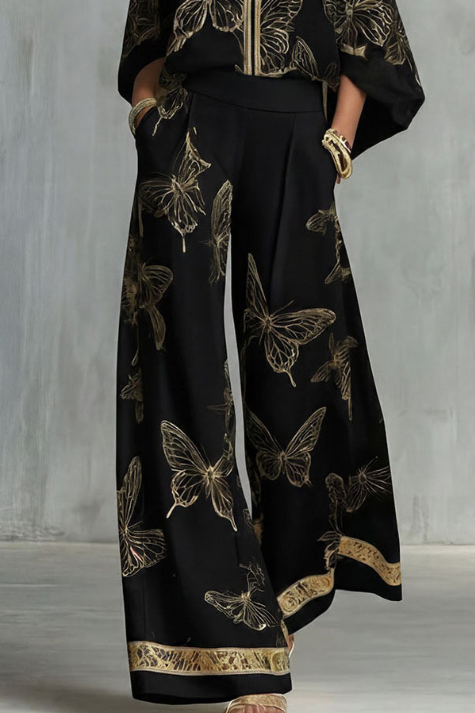 Butterfly Print Zip Front Two Piece Set