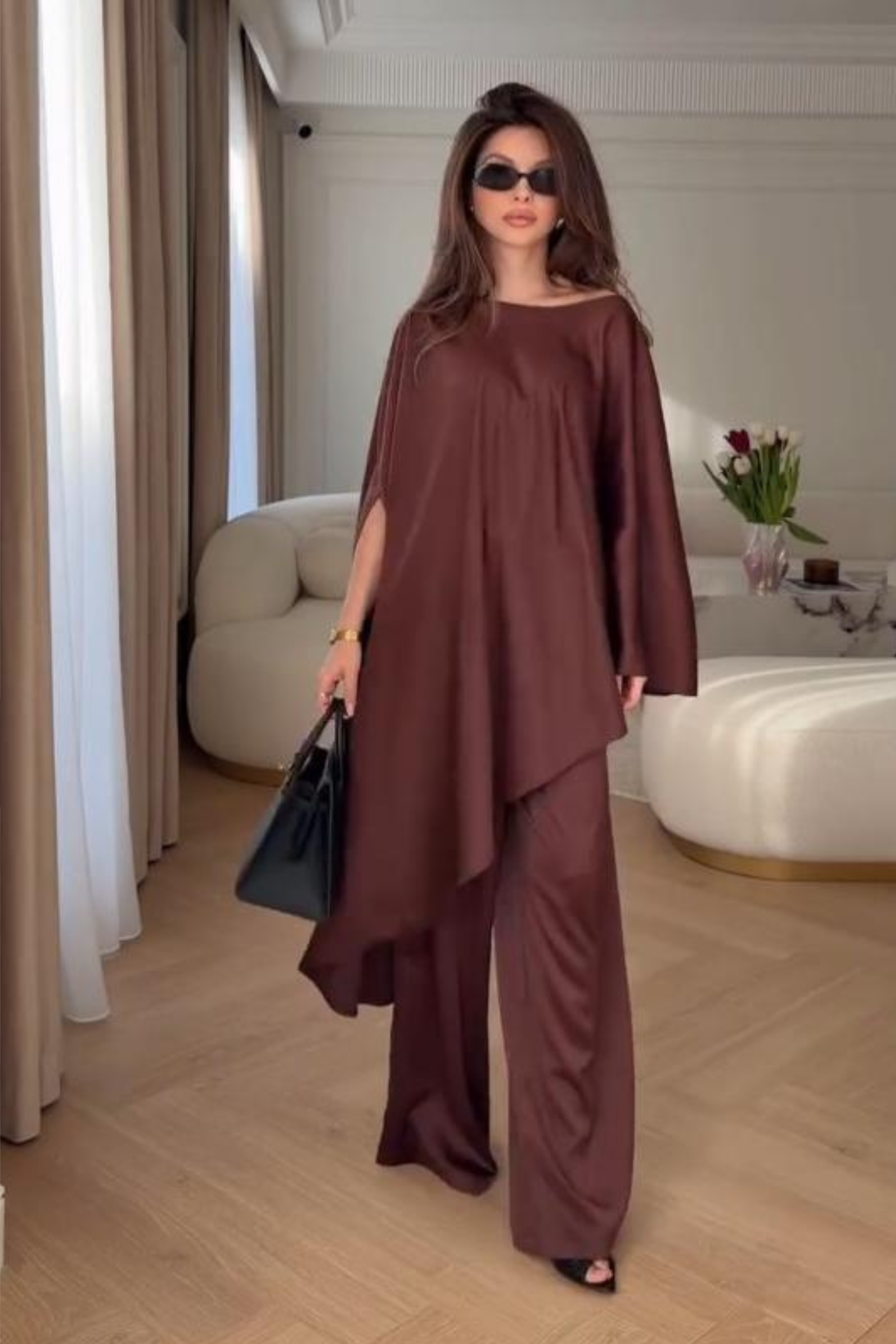 Draped Cape Sleeve Wide Leg Pants Matching Set