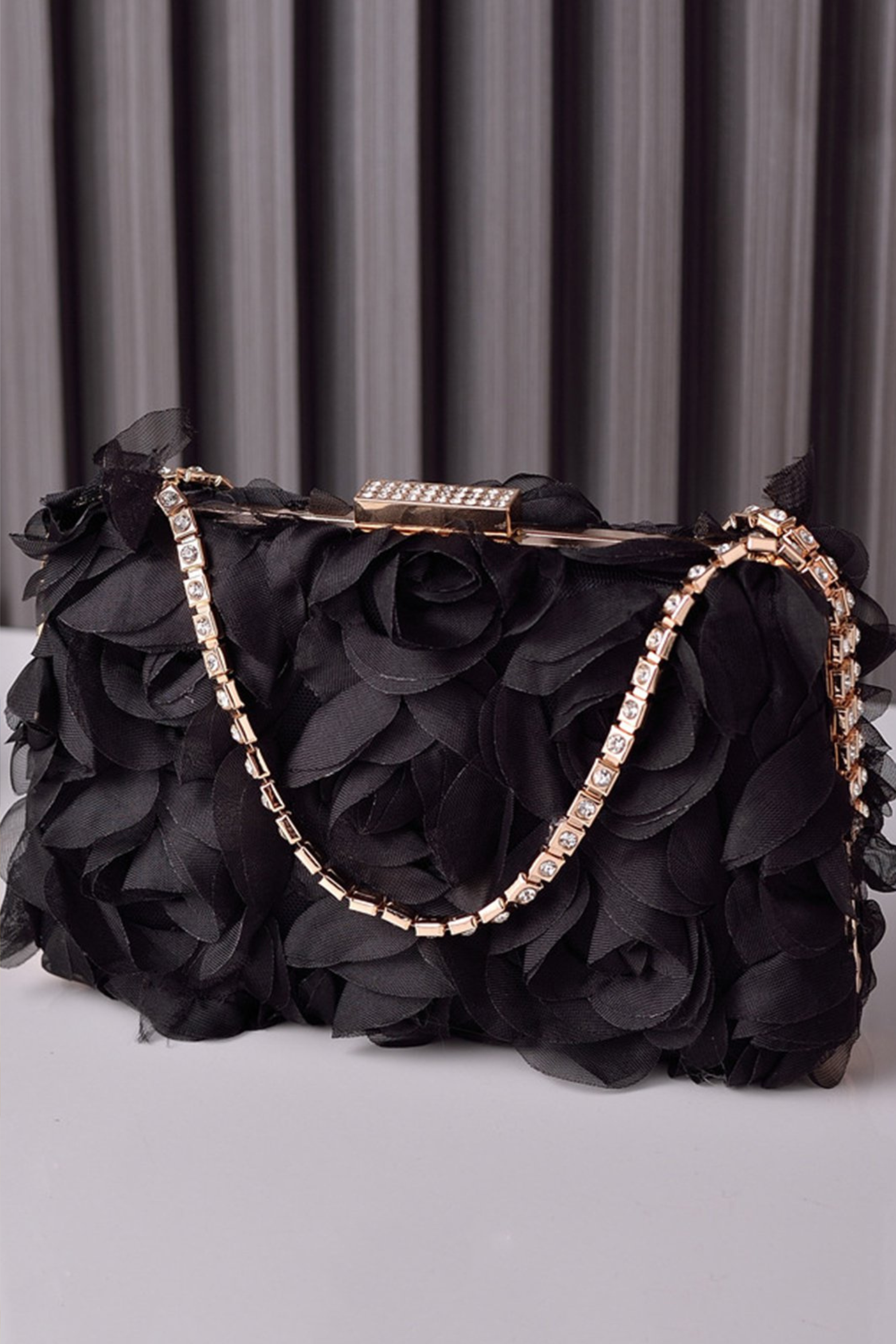Floral Mesh Evening Clutch with Rhinestone Handle