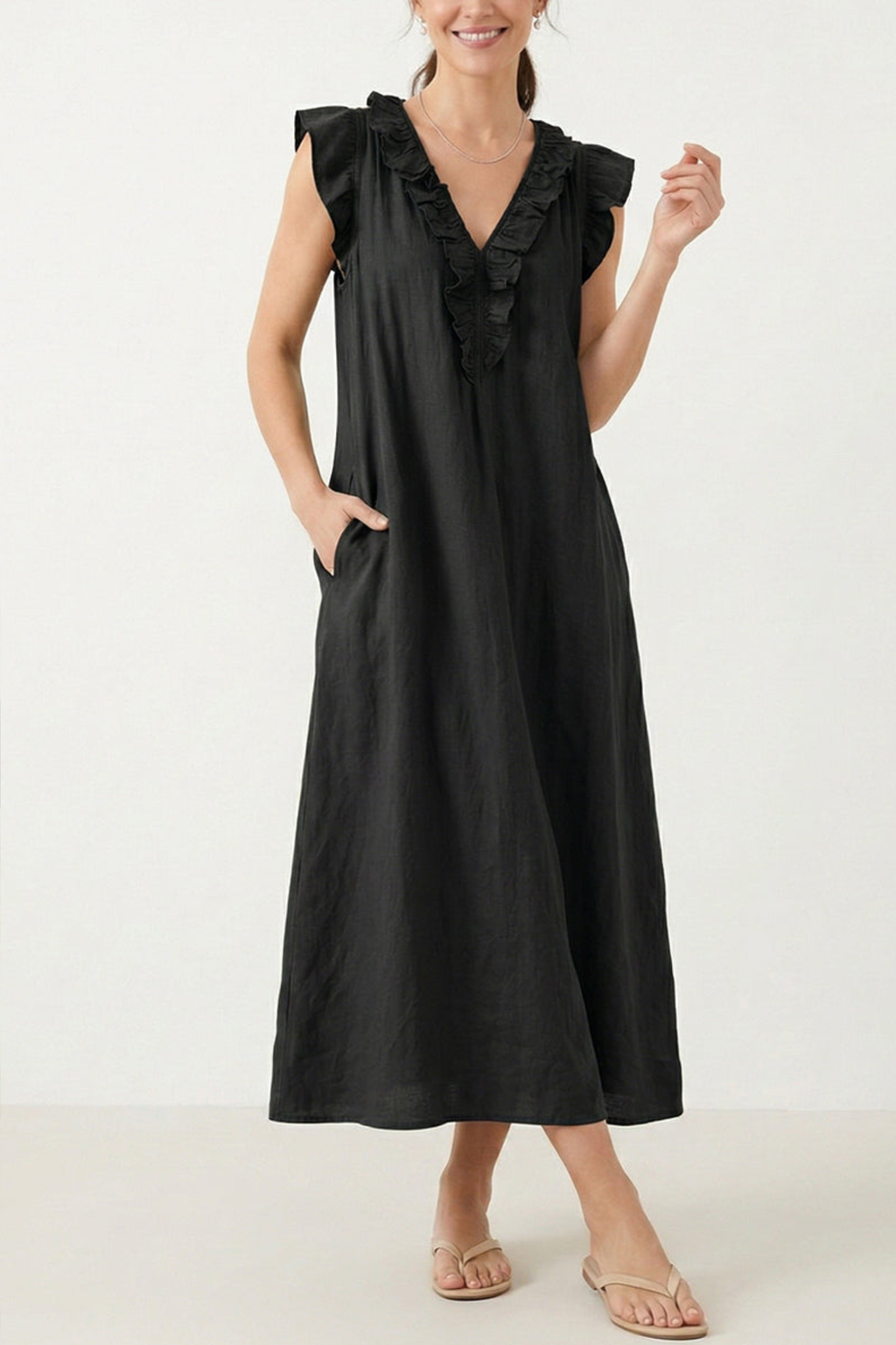 Ruffled Solid Color Cotton Linen Dress
