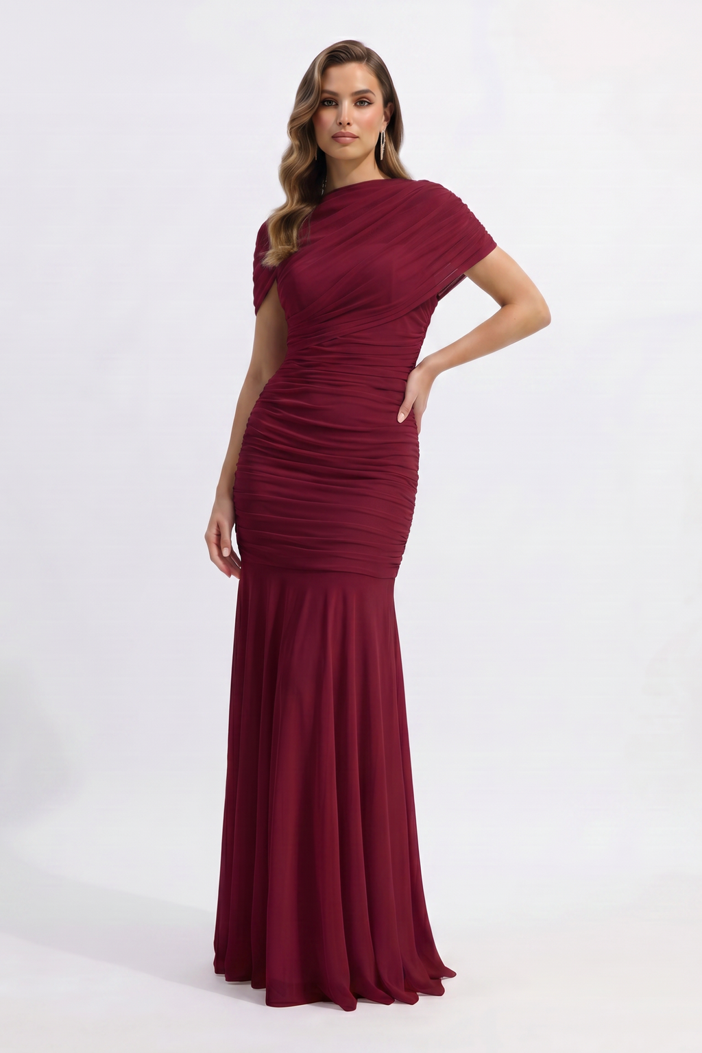 Ruched Mermaid Maxi Dress with Draped Neckline