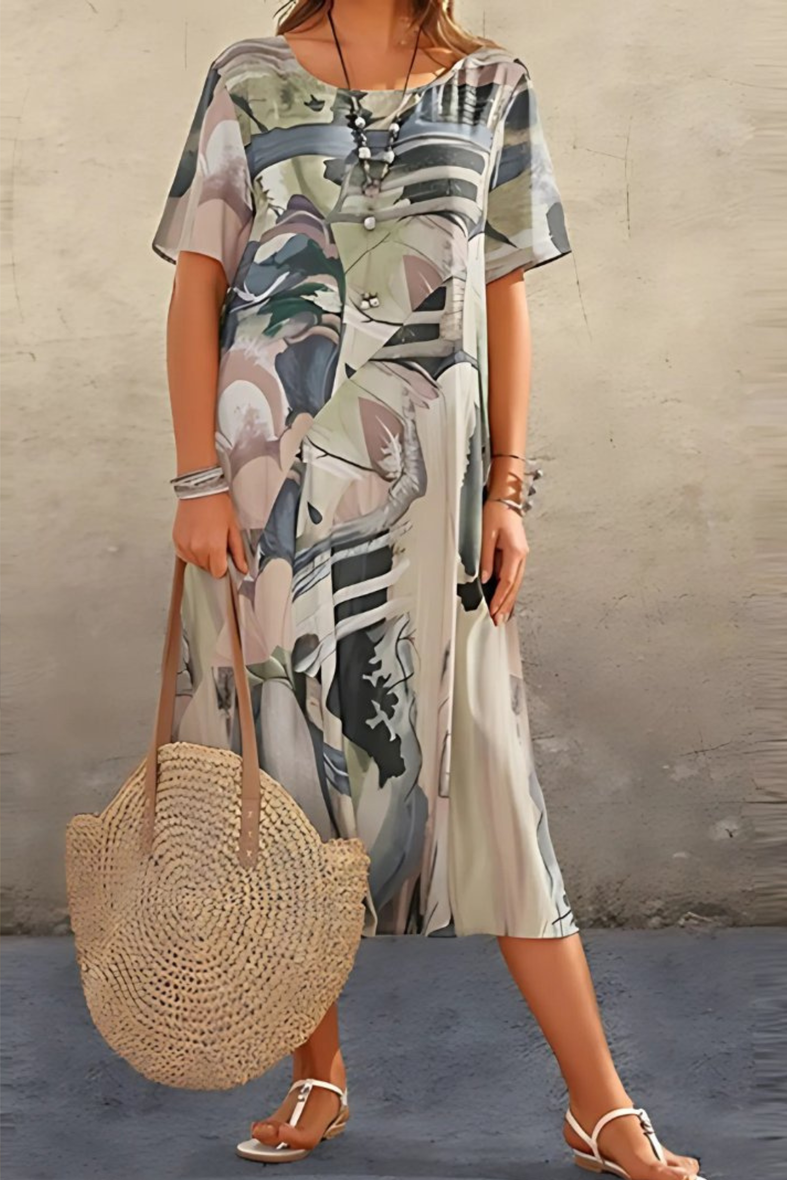 Relaxed Abstract Print Midi Dress with Short Sleeves